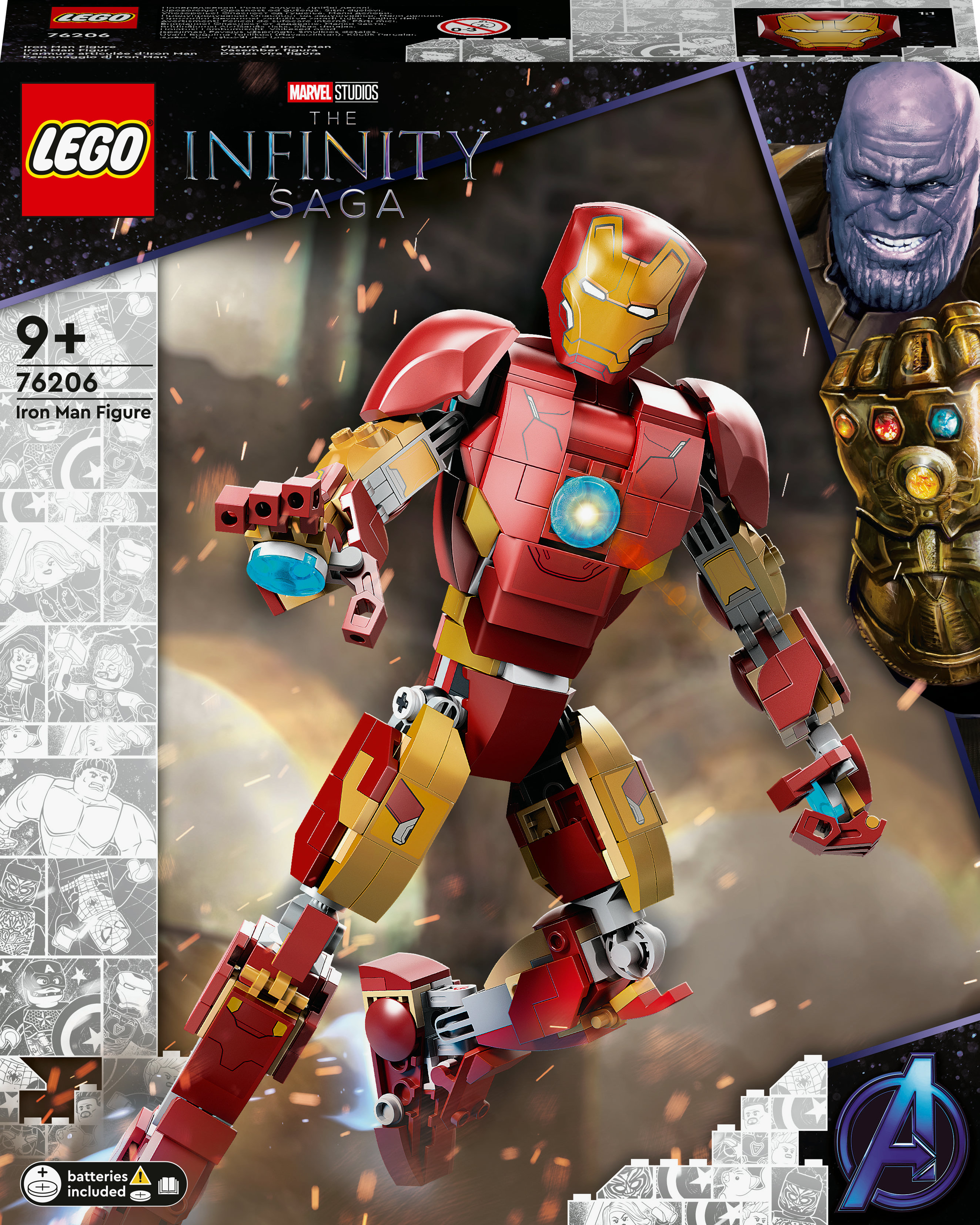 Figura LEGO di Iron Man su una scatola con il tema Infinity Saga, con Iron Man e Thanos.