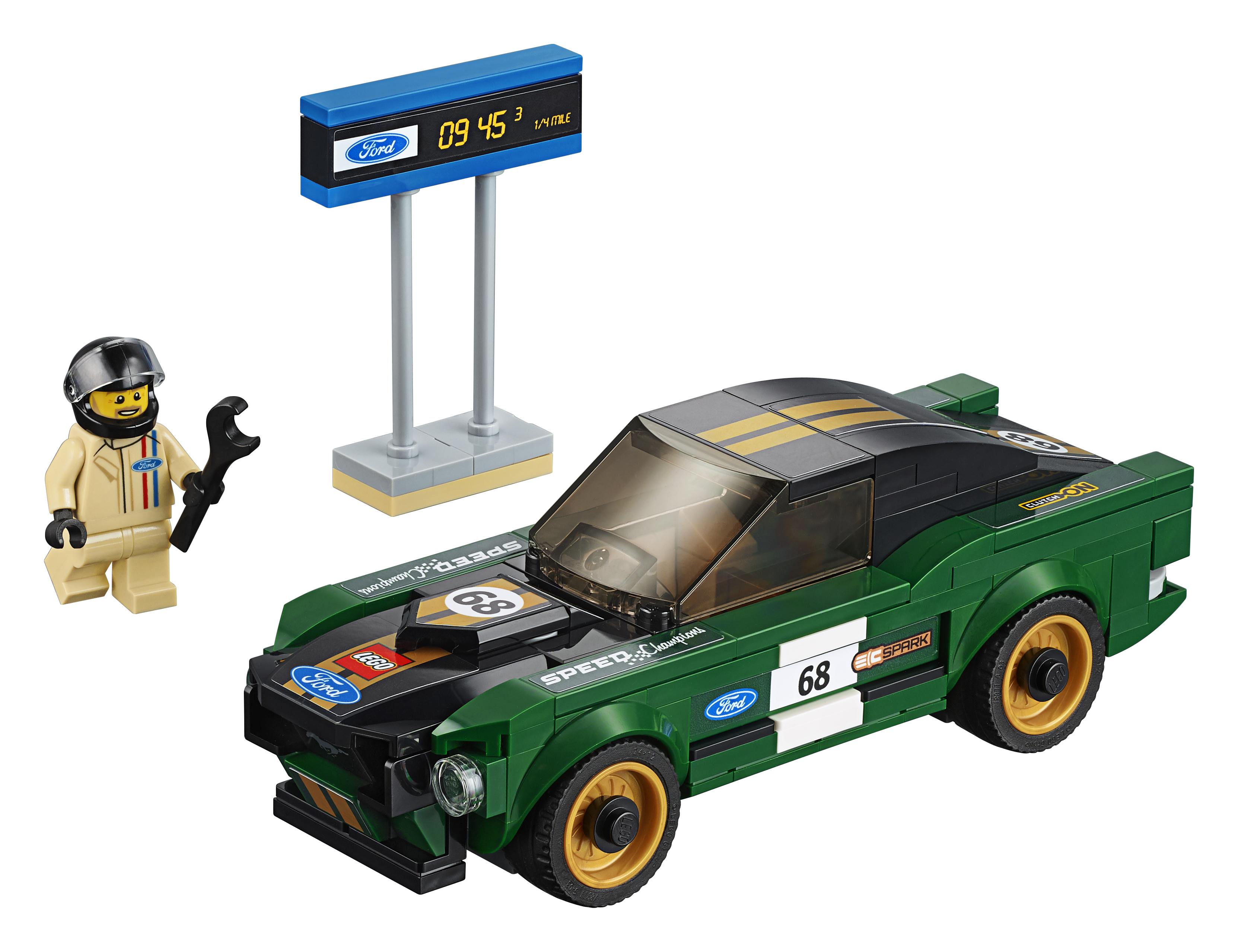 Set Lego Ford Mustang da corsa. Auto verde e nera, un meccanico e un cartello sono visibili.