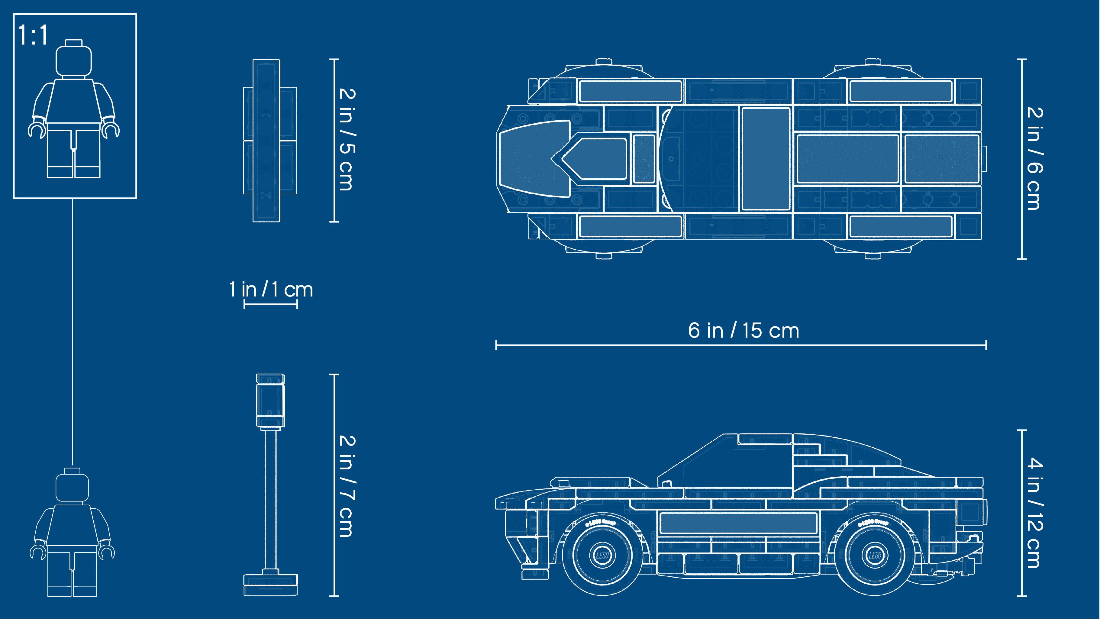 Istruzioni LEGO: Disegno tecnico di un'auto, una figura e misure. Sfondo blu.