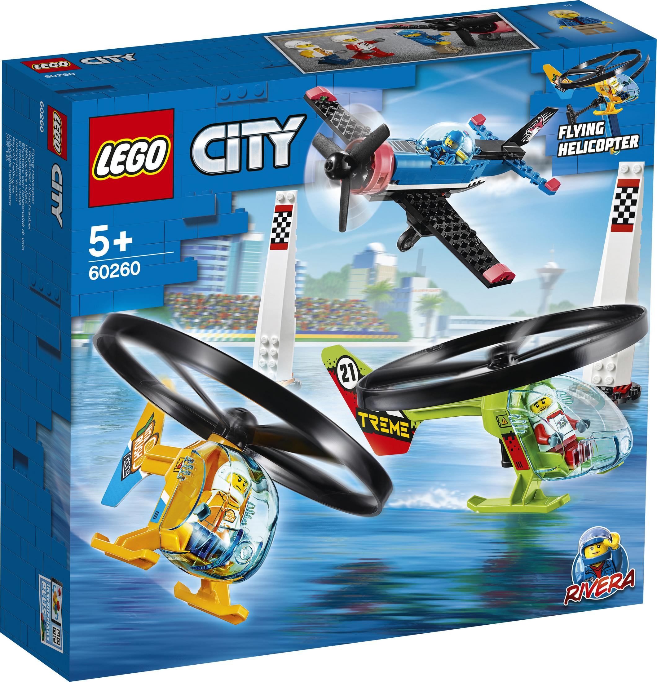 Lego City Set Box mit Hubschraubern in Aktion. Die Box ist blau, die Hubschrauber bunt.