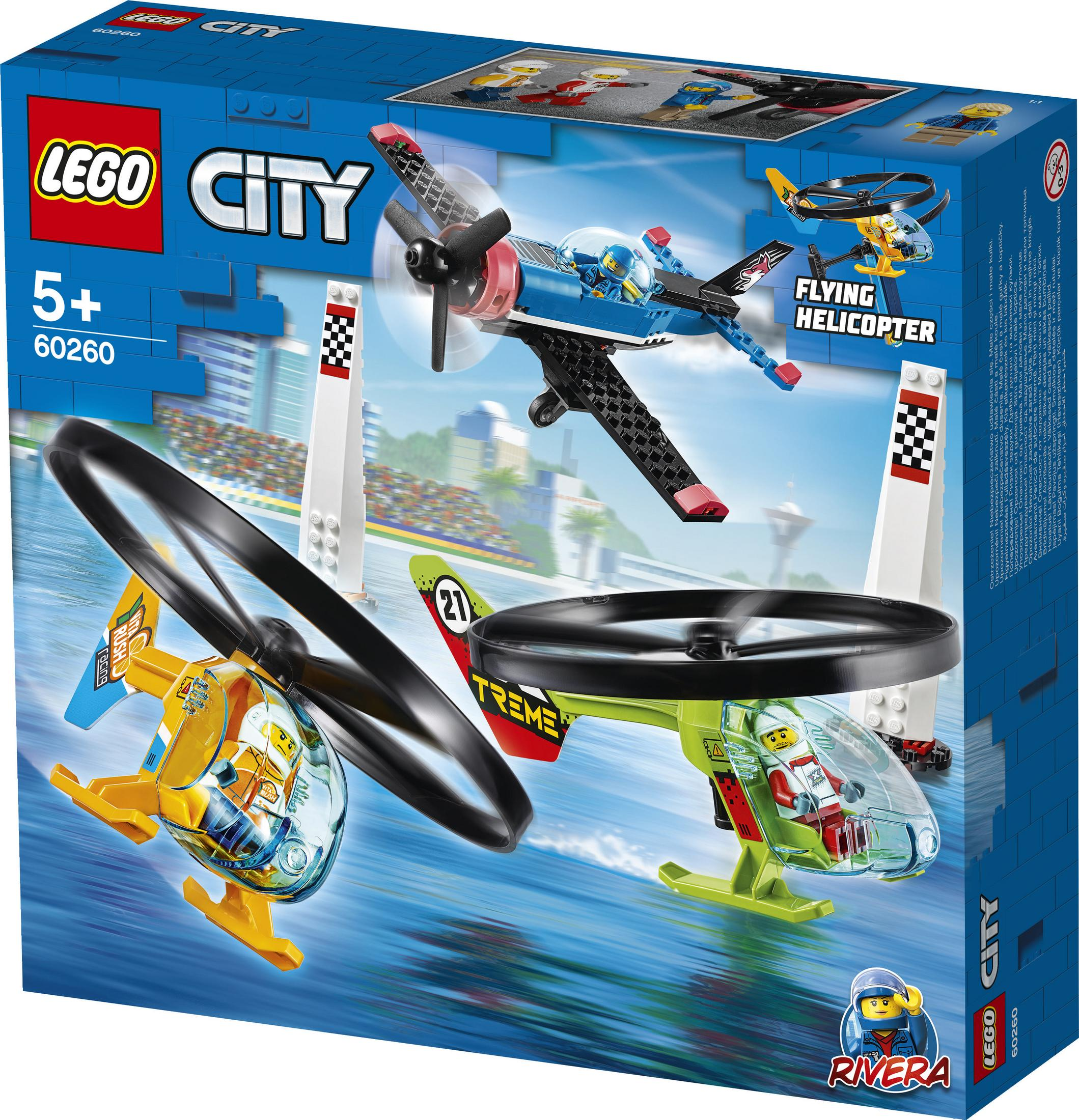Lego City-Box-Set mit Hubschraubern, einer Rennstrecke und Figuren.