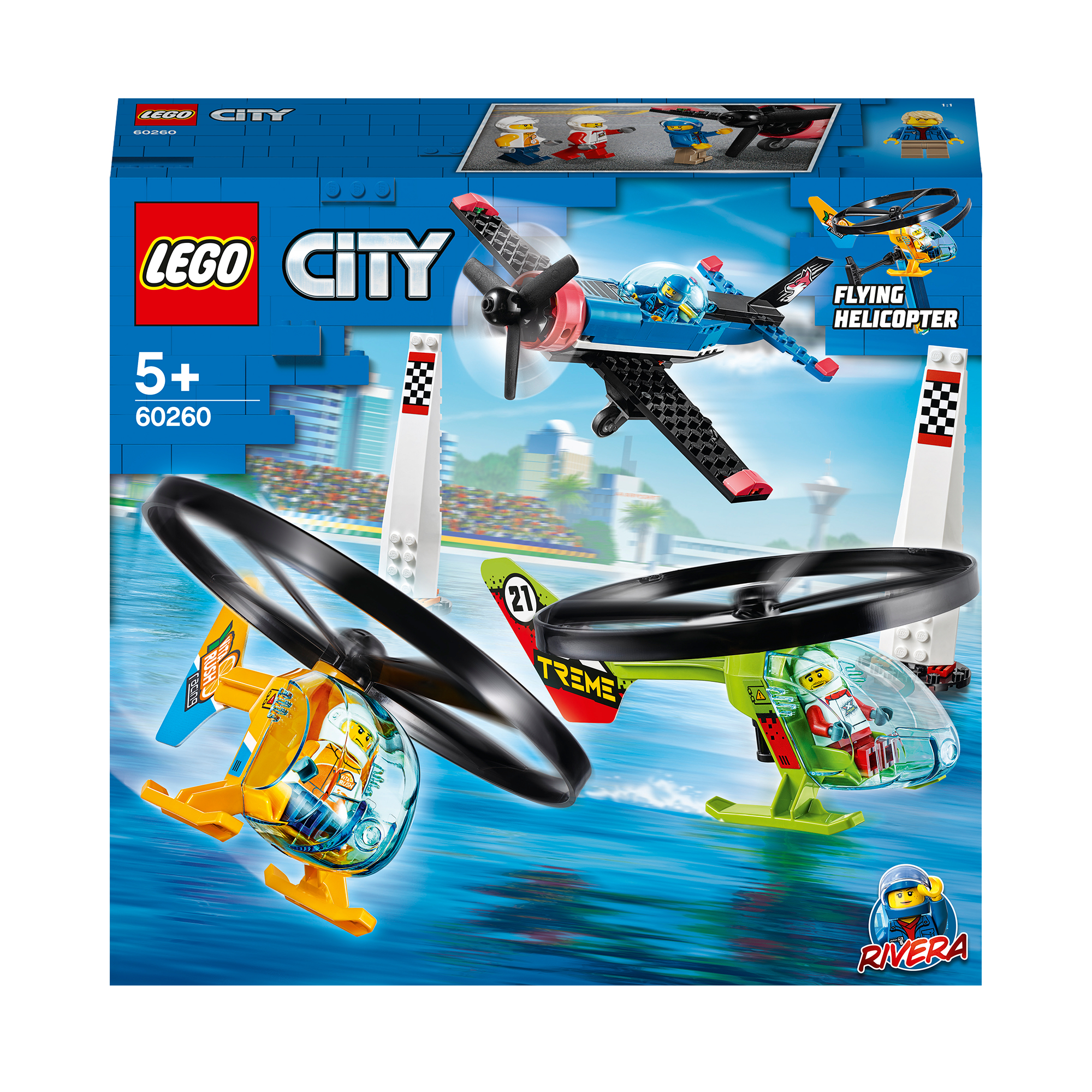 Lego City Set-Box mit fliegendem Flugzeug, Hubschraubern und Rennstrecken. Blauer Hintergrund.