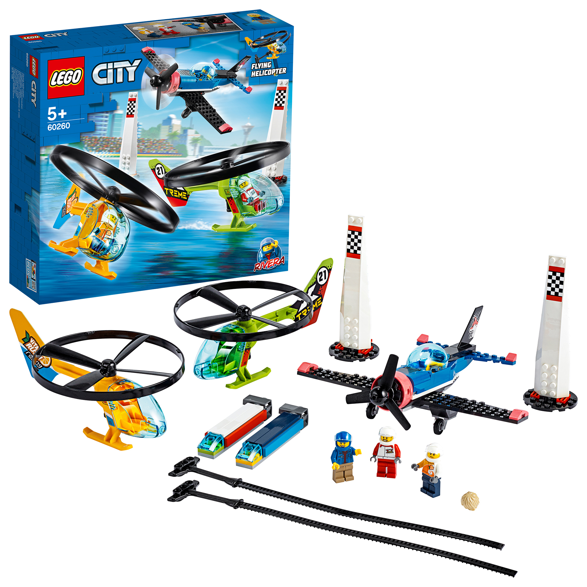 Lego City Set mit Flugzeugen: Helikopter, Doppeldecker und Figuren. Renn-Thema mit Streckenmarkierungen.