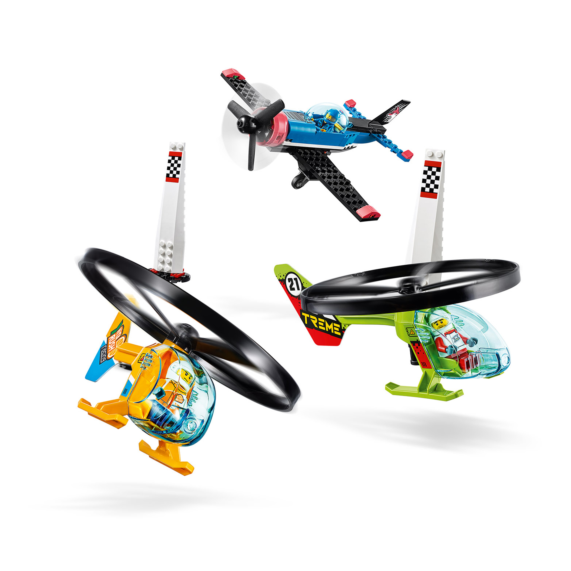Lego Flugzeuge und Hubschrauber in Aktion auf weißem Hintergrund.