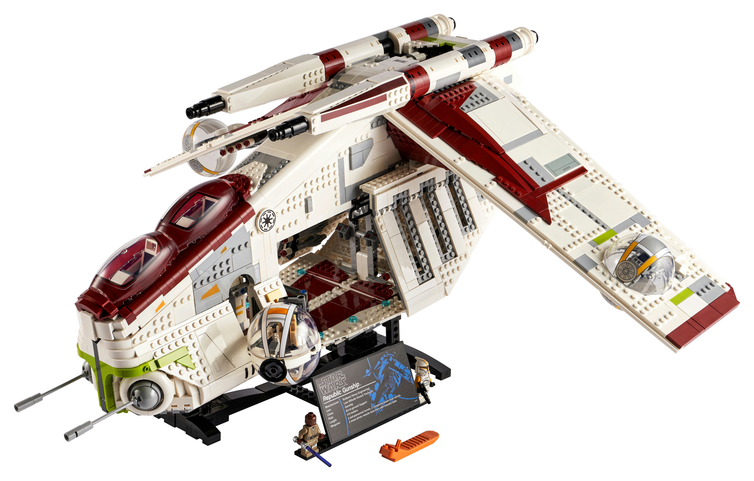 Model Lego Star Wars Republic Gunship jest wyświetlany z otwartymi drzwiami.