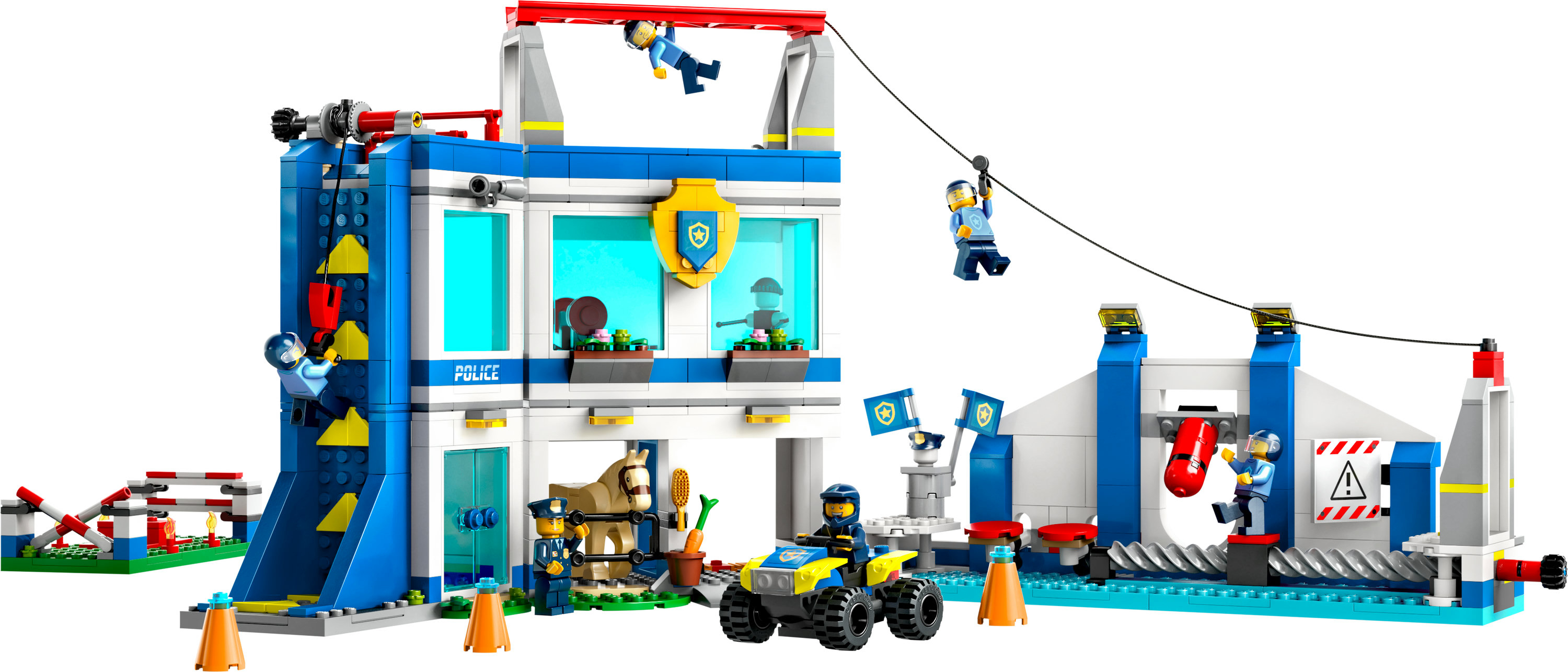 LEGO Polizeistation-Set mit verschiedenen Figuren und Zubehör, einschließlich Gefängnis und Hubschrauberlandeplatz.