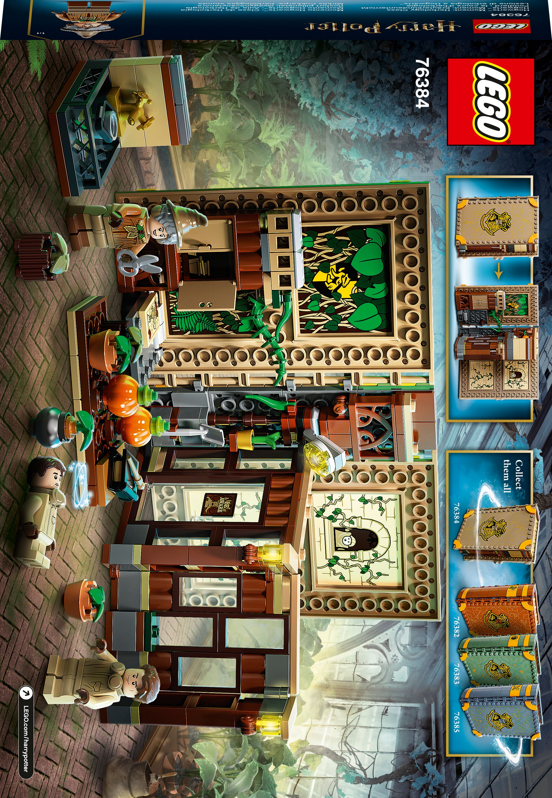 Lego-Set-Box mit einem detaillierten Modell eines Harry-Potter-Gewächshauses mit Minifiguren und Zubehör.