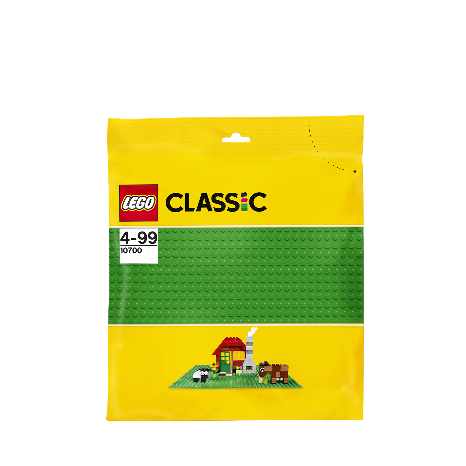 Eine gelbe LEGO-Tüte mit einer grünen Grundplatte und einem kleinen Haus mit rotem Dach.