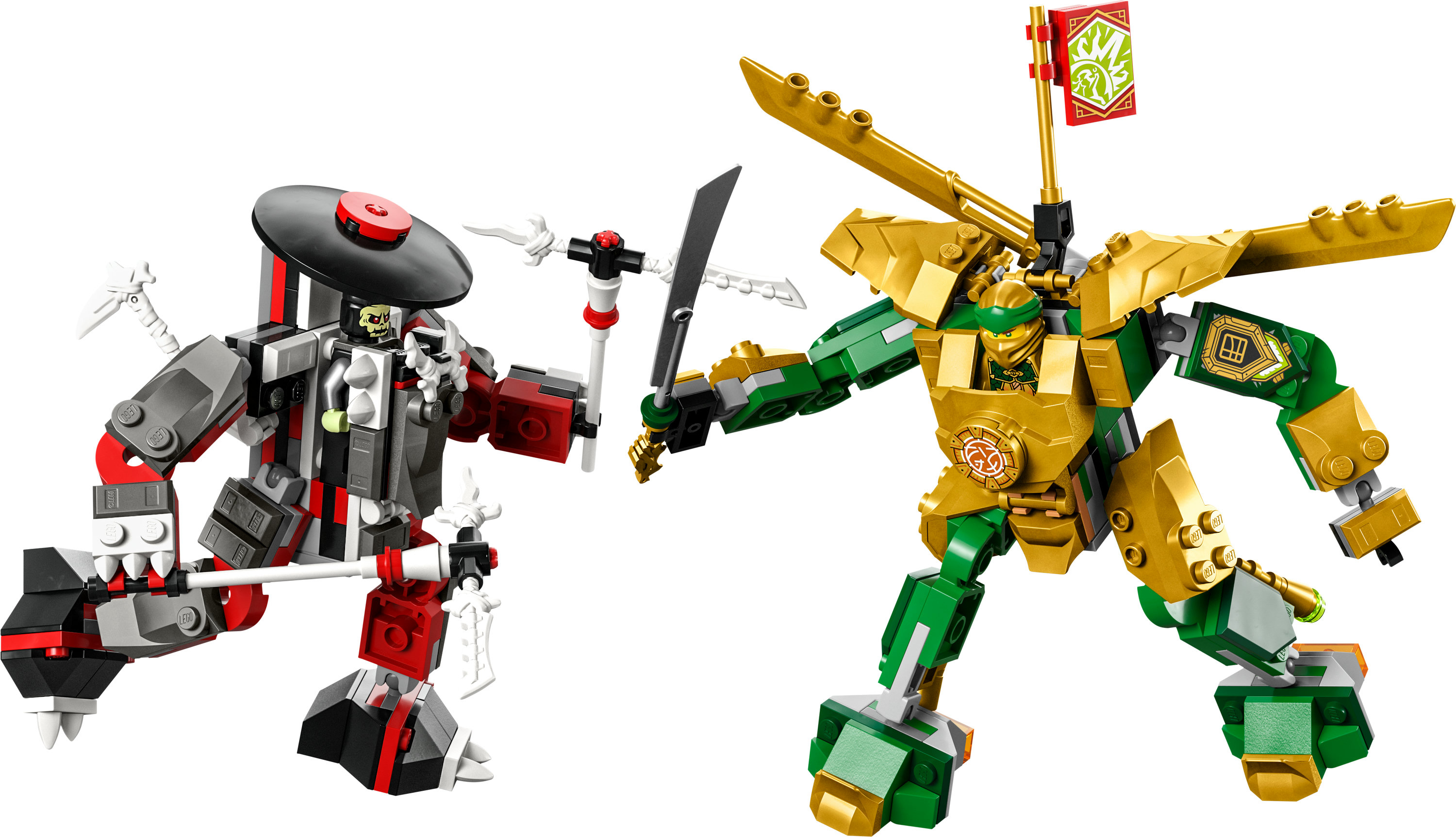 Due personaggi Lego Ninjago in combattimento. Uno è una figura scheletrica, l'altro è un ninja dorato.