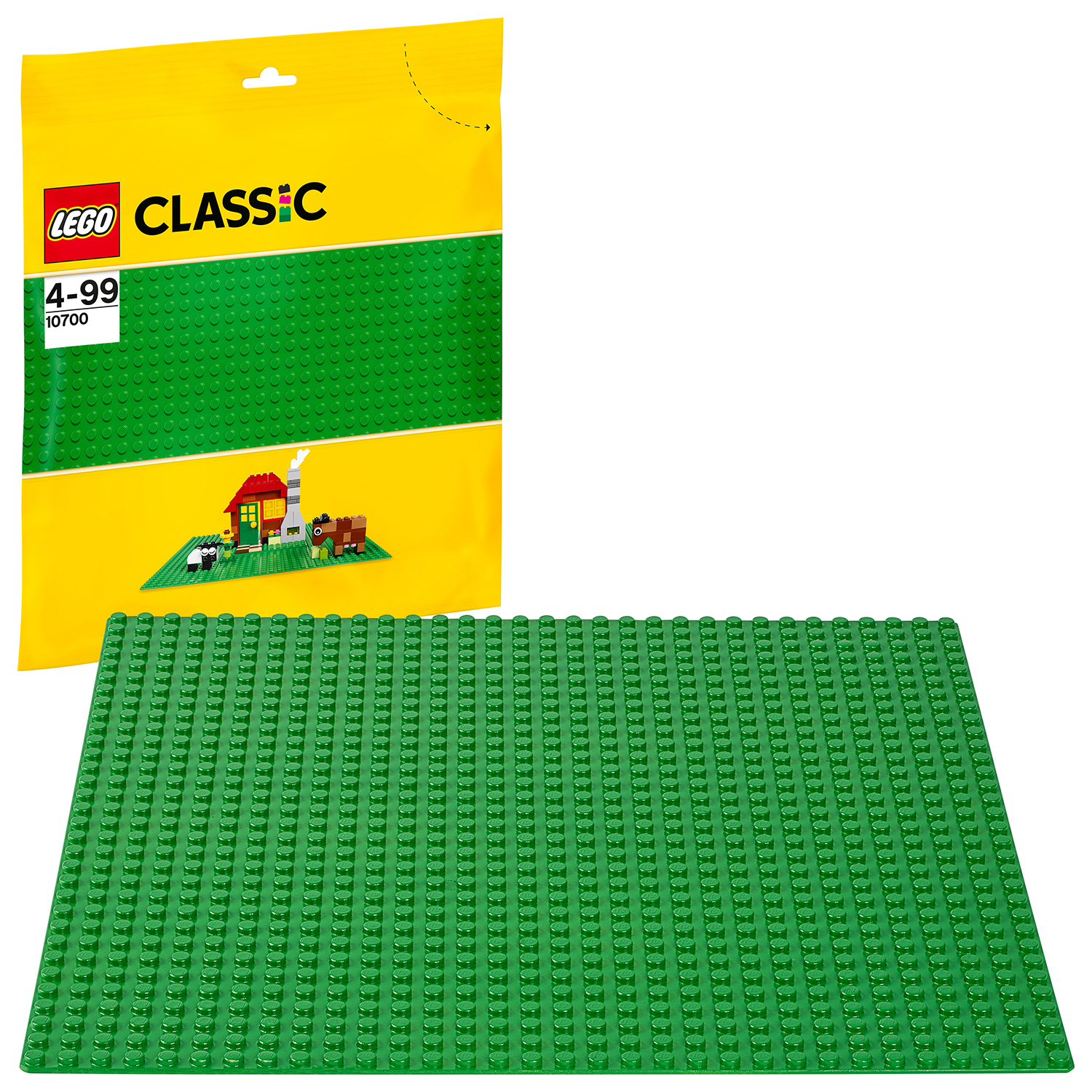 Grüne Lego-Grundplatte mit gelbem Lego Classic-Beutel.