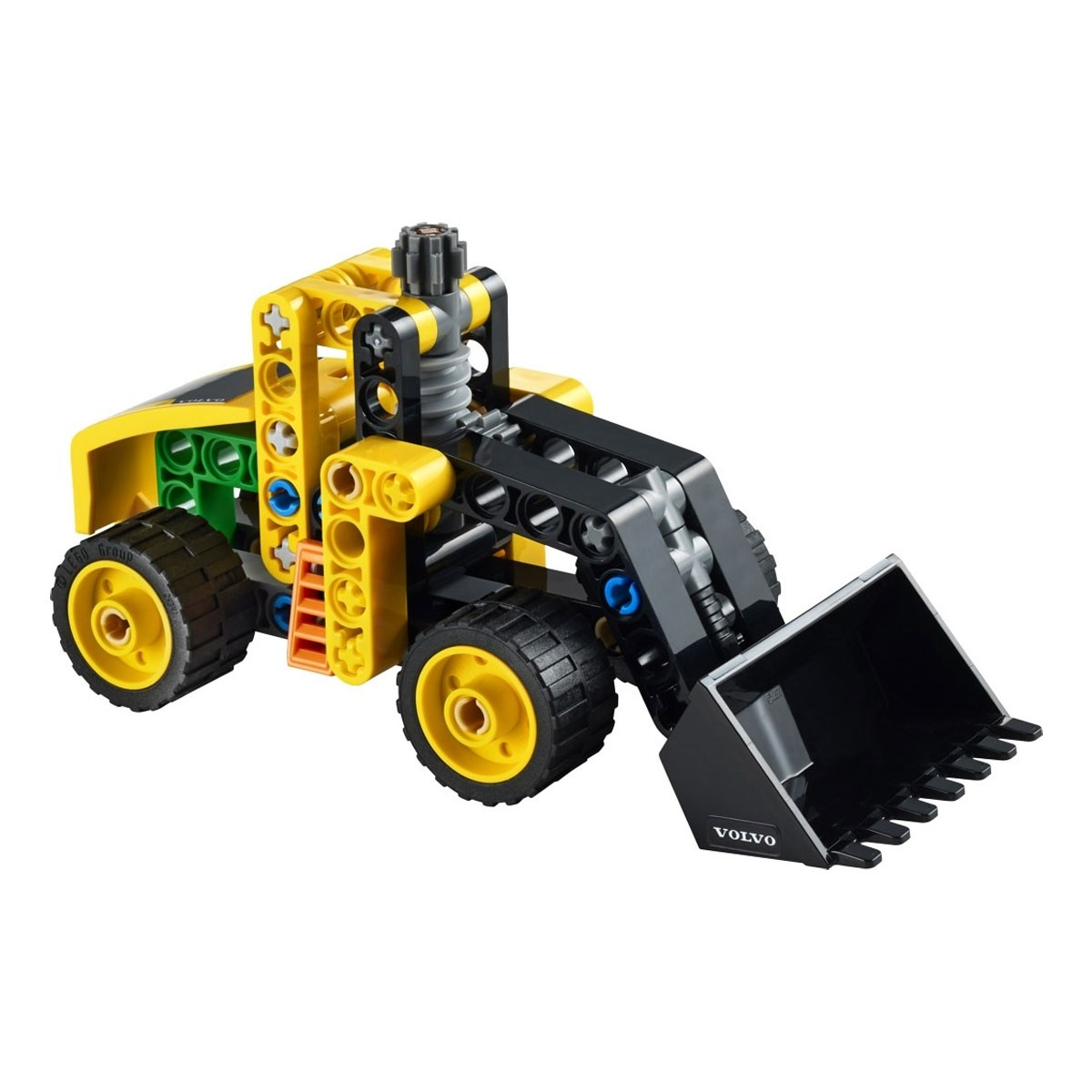Escavatore Lego Volvo giallo e nero con benna e ruote nere.
