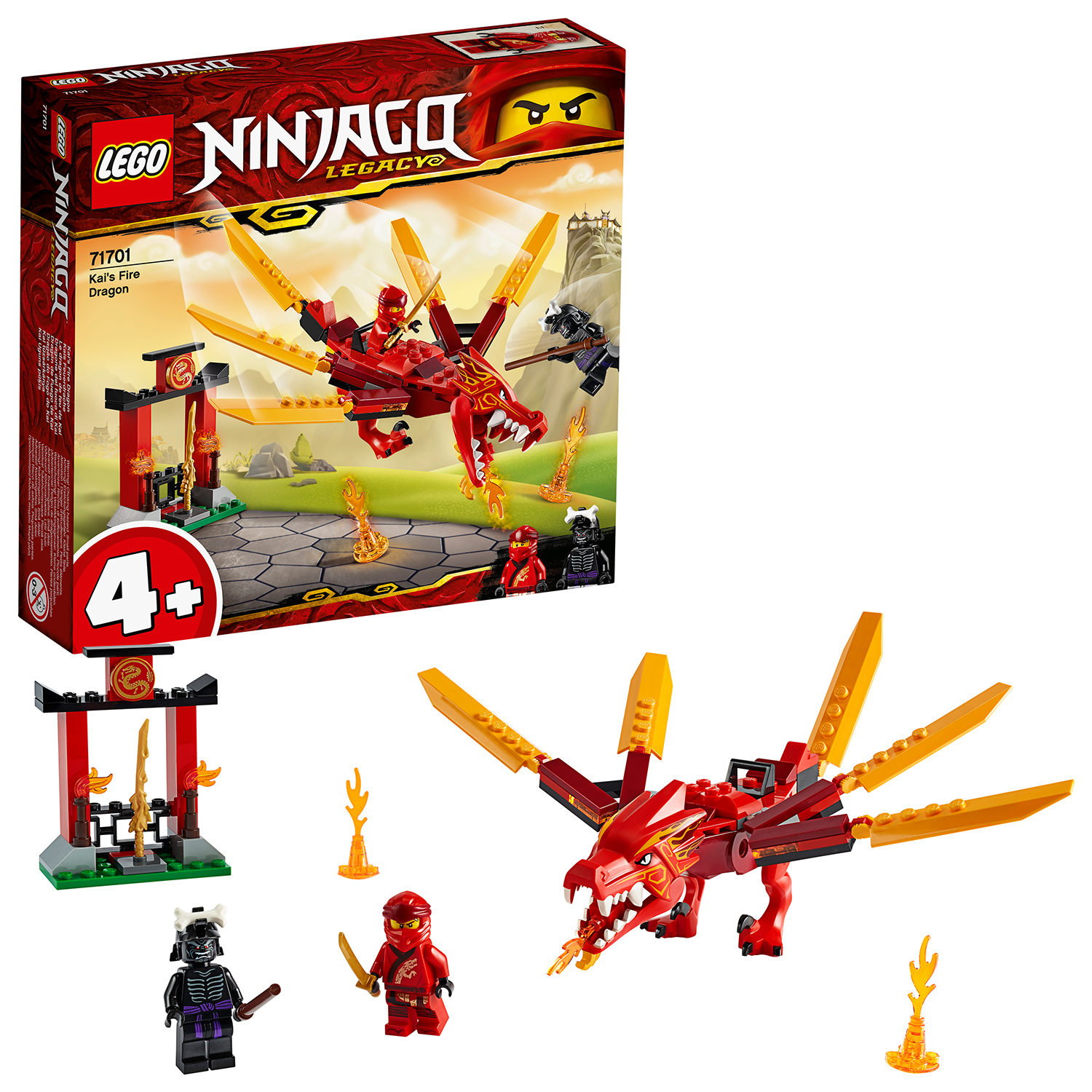 Zestaw Lego Ninjago z czerwonym smokiem, bramą, dwiema minifigurkami i płomieniami.