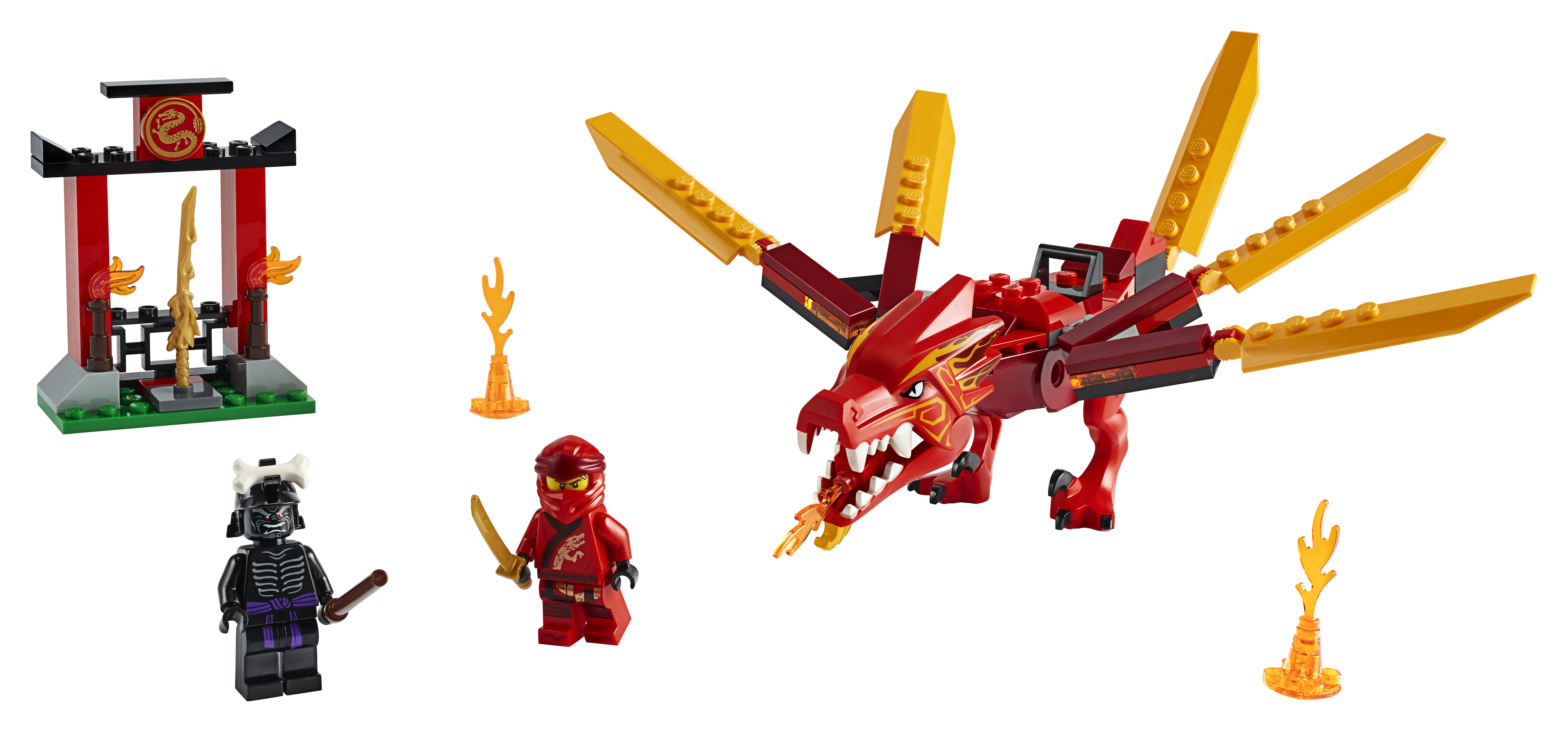 Zestaw LEGO Ninjago: Czerwony smok, figurki ninja i świątynia. Białe tło.