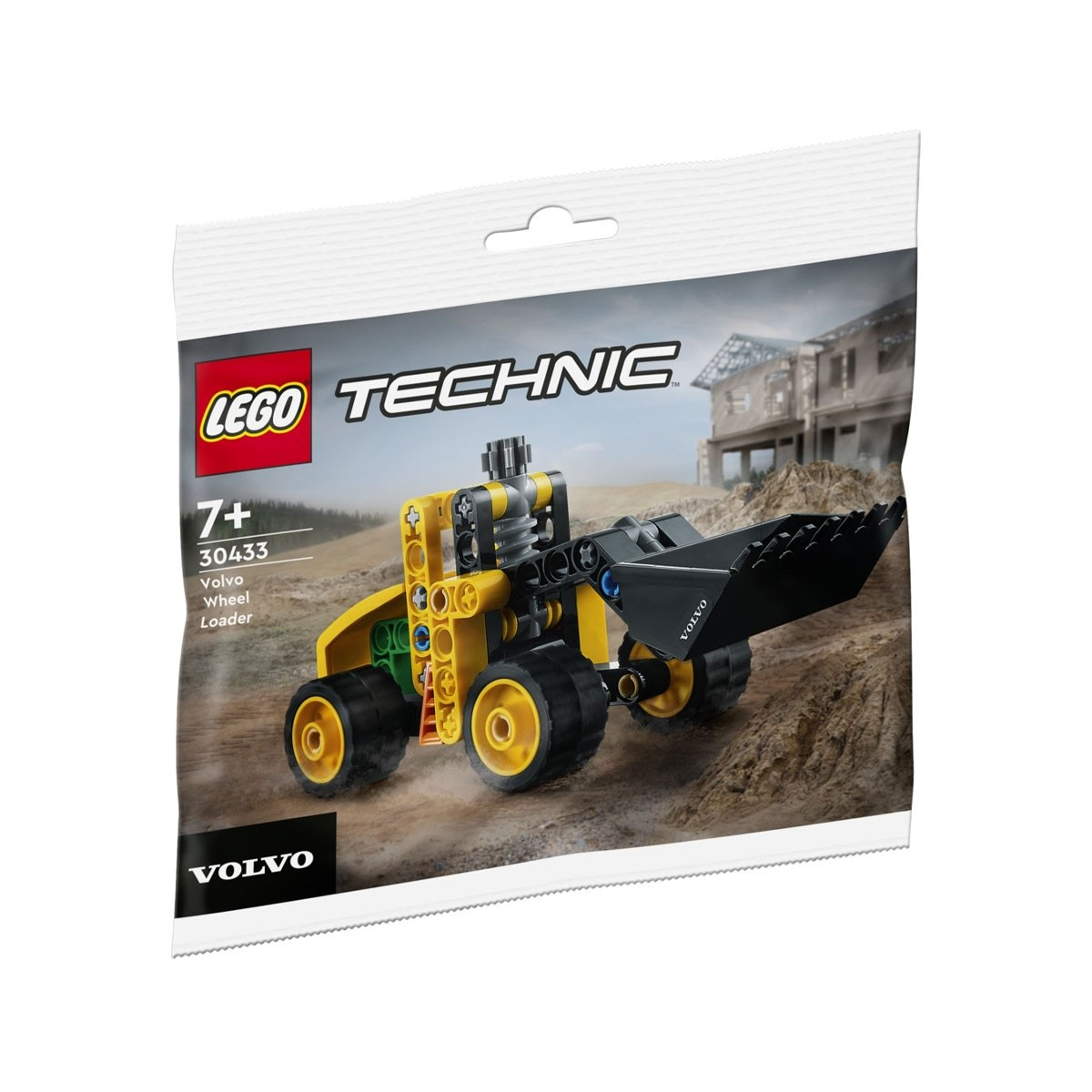Set Lego Technic Volvo Wheel Loader in un sacchetto. Colori giallo e nero. Mostra la parte anteriore.