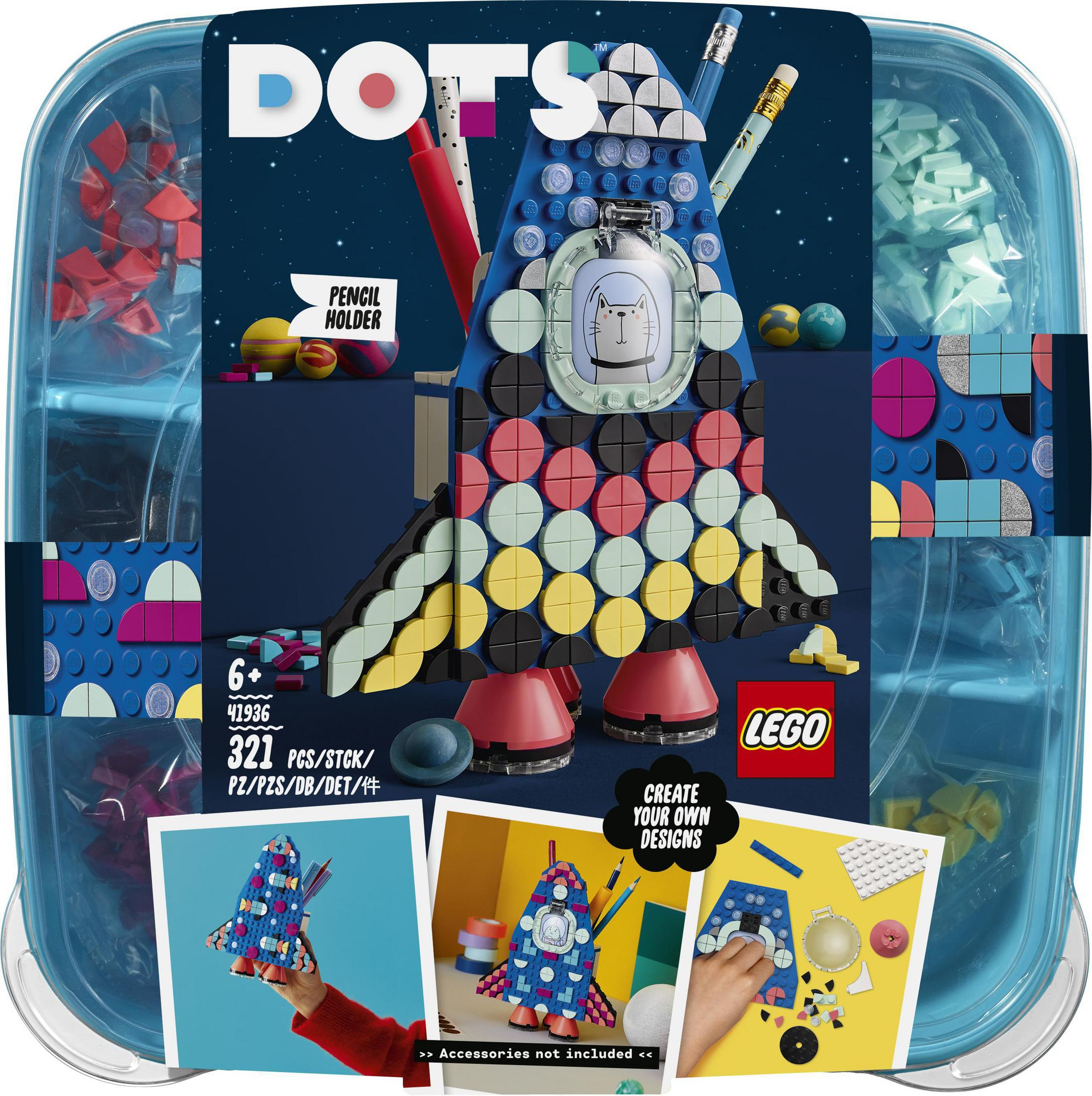 Zestaw LEGO Dots w pojemniku, z motywem rakiety z kolorowymi elementami i akcesoriami.