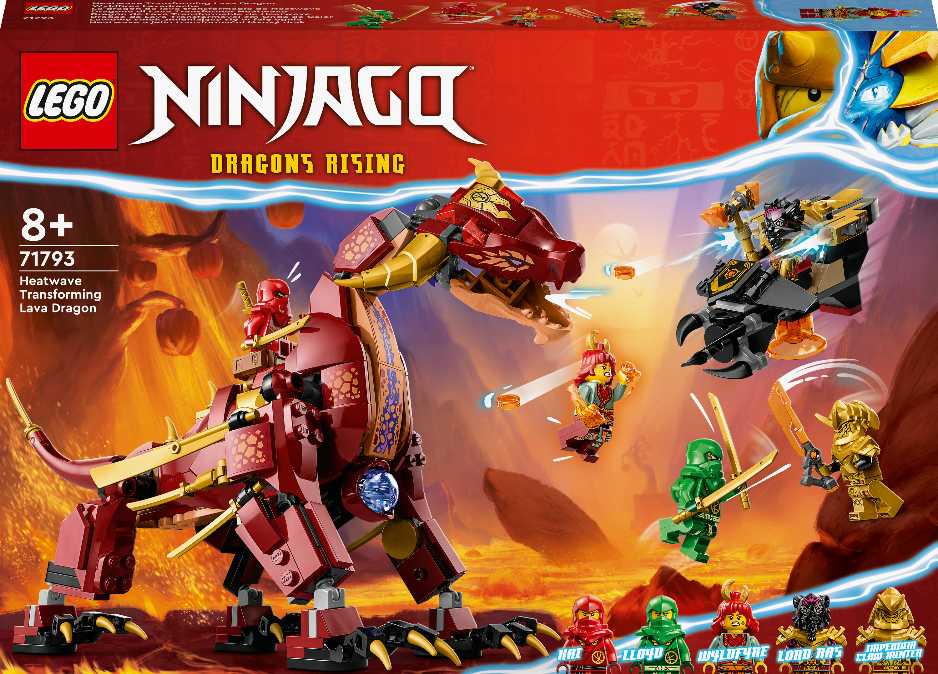 Lego Ninjago Set mit rotem Drachen, Ninjas und Box mit Set-Namen.