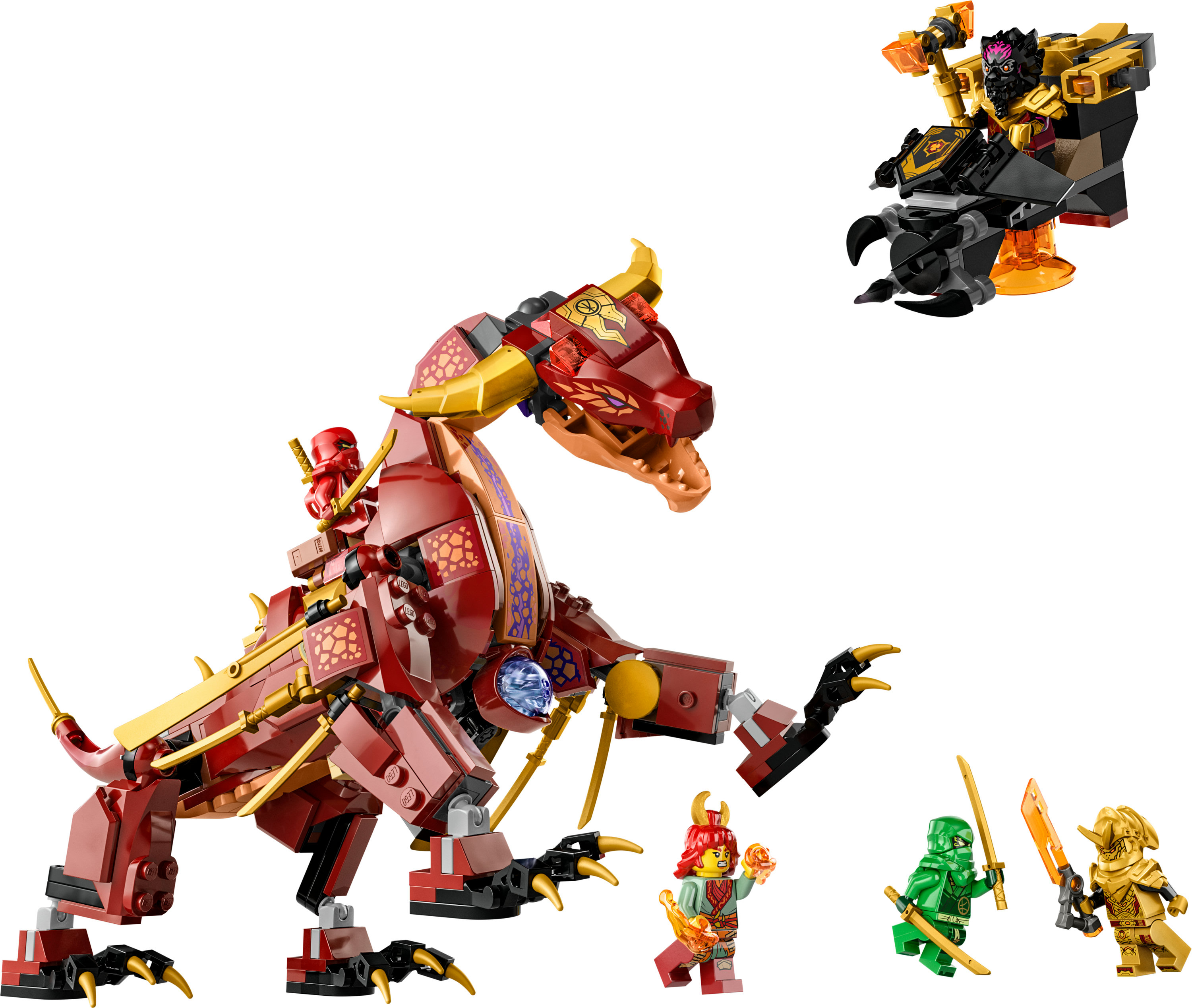 Lego Ninjago Drache und Figuren. Roter Drache, verschiedene Minifiguren und schwarzer Mech.
