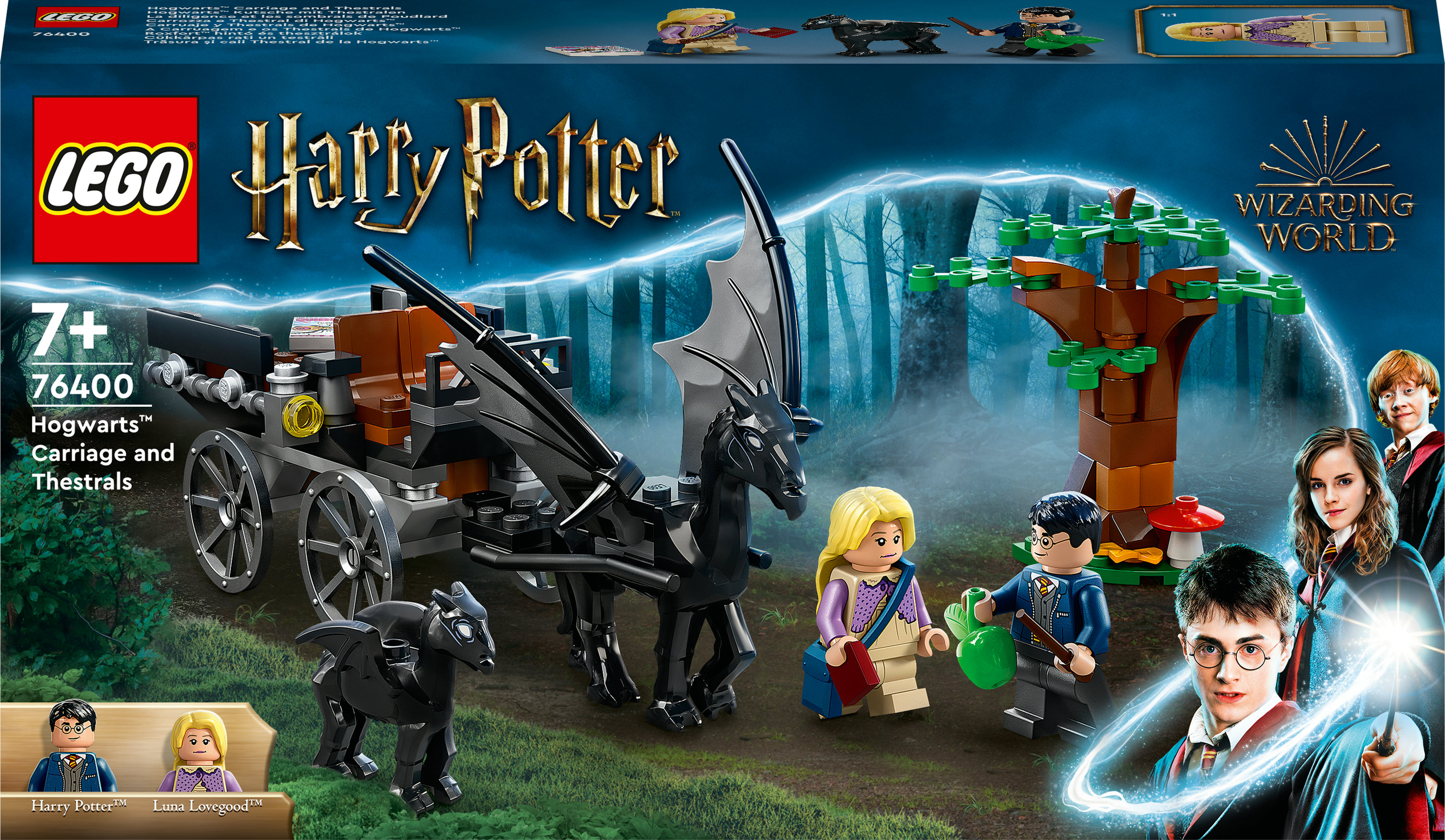 Set Lego Harry Potter con carrozza di Hogwarts e Thestral, con personaggi.