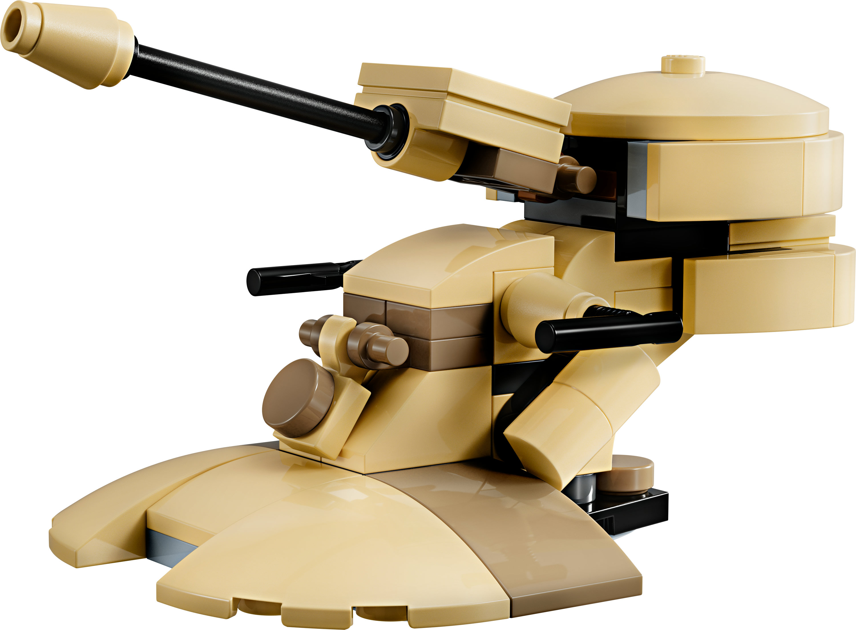 Zandkleurig Lego-voertuig met een lang kanon. Beschikt over een gebogen basis en details.