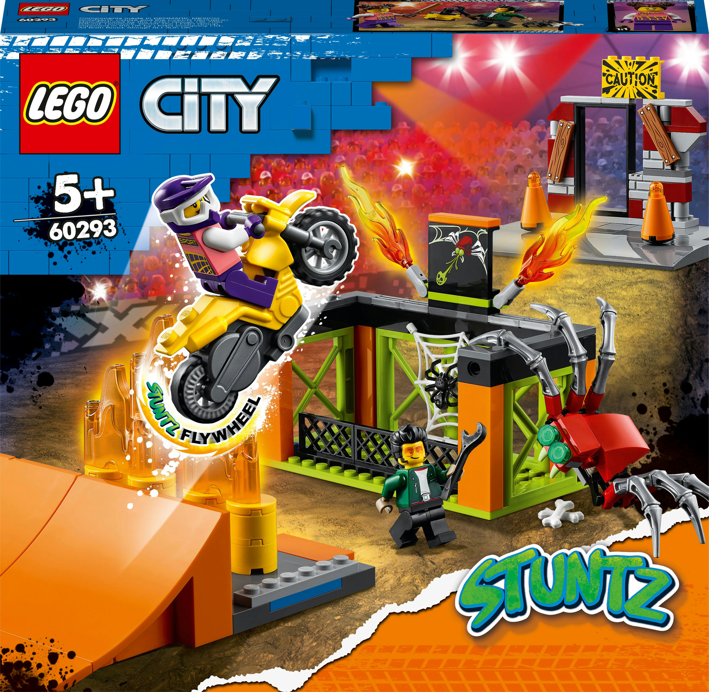 Set Lego City Stuntz con una moto saltando una rampa. Incluye obstáculos de araña y un especialista.