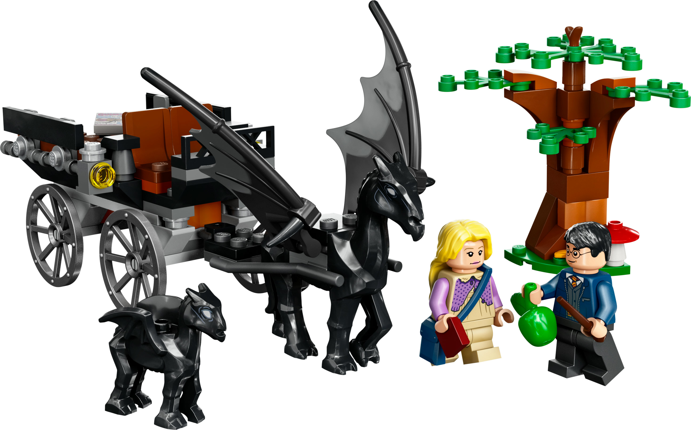 Set Lego: personaggi di Harry Potter e Luna Lovegood, carrozza, drago, albero e altri elementi.