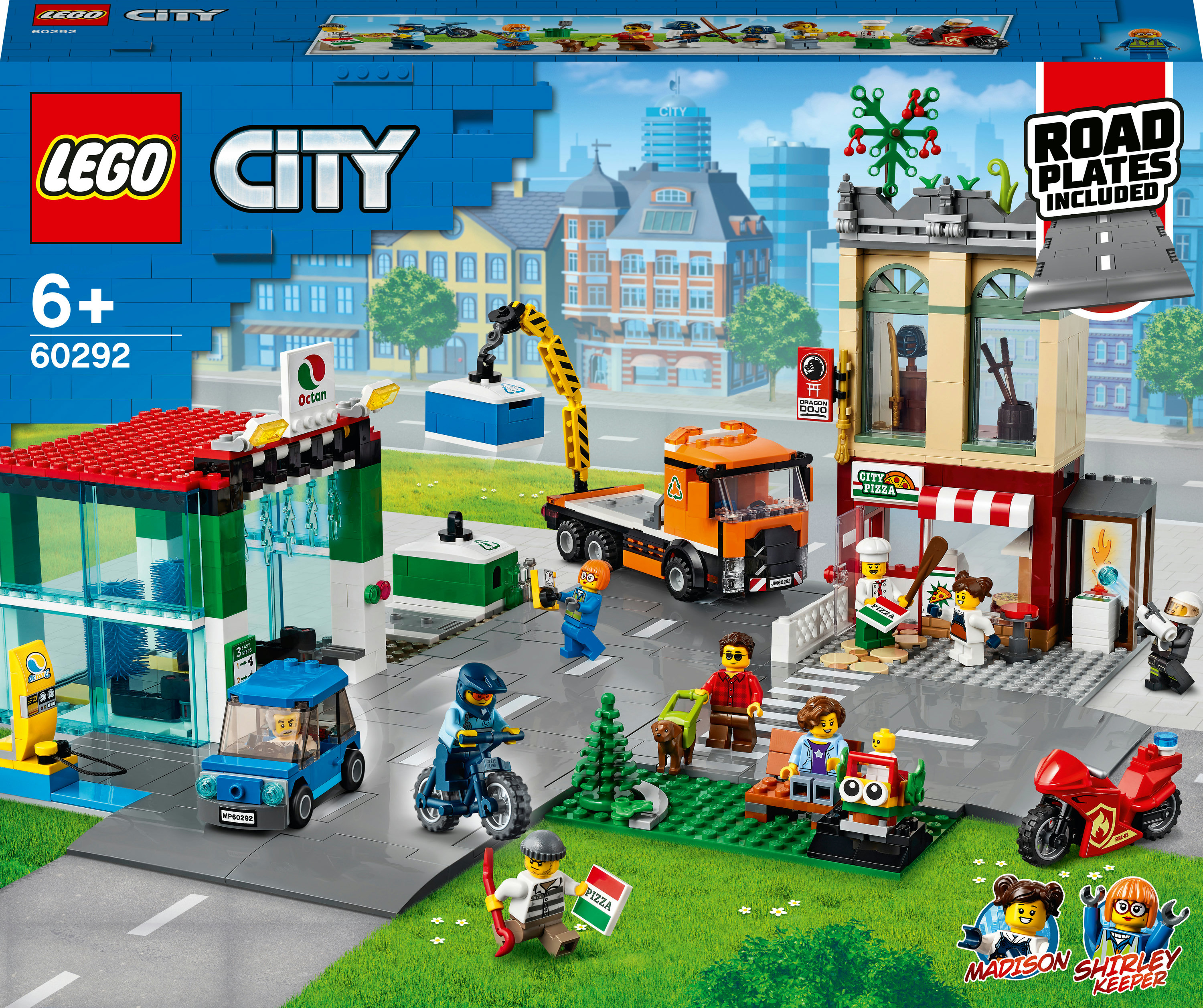 Zestaw Lego City przedstawiający krajobraz miejski z budynkami, pojazdami i minifigurkami. Zawiera stację benzynową i pizzerię.