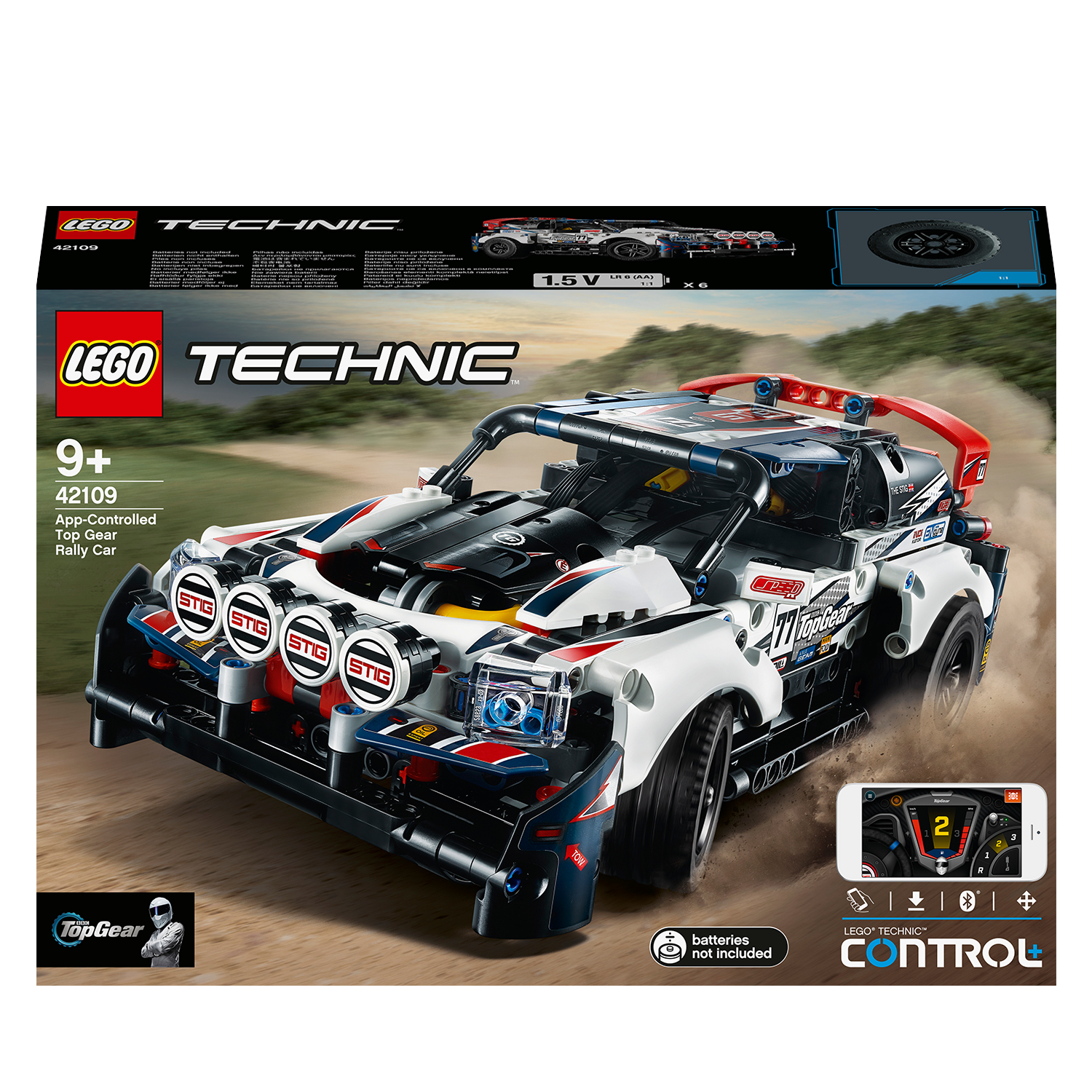Een Lego Technic autobox met een auto en een telefoon op de voorkant.