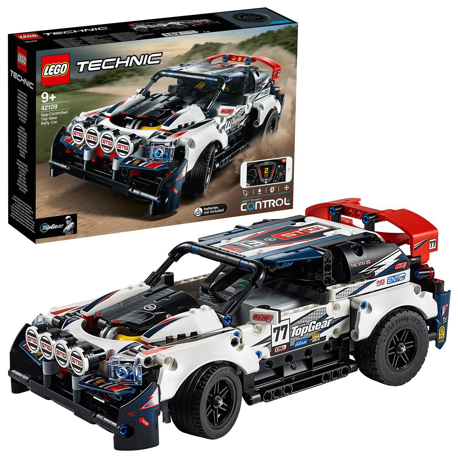 Lego Technic Top Gear Rally Car model met een doos op de achtergrond.