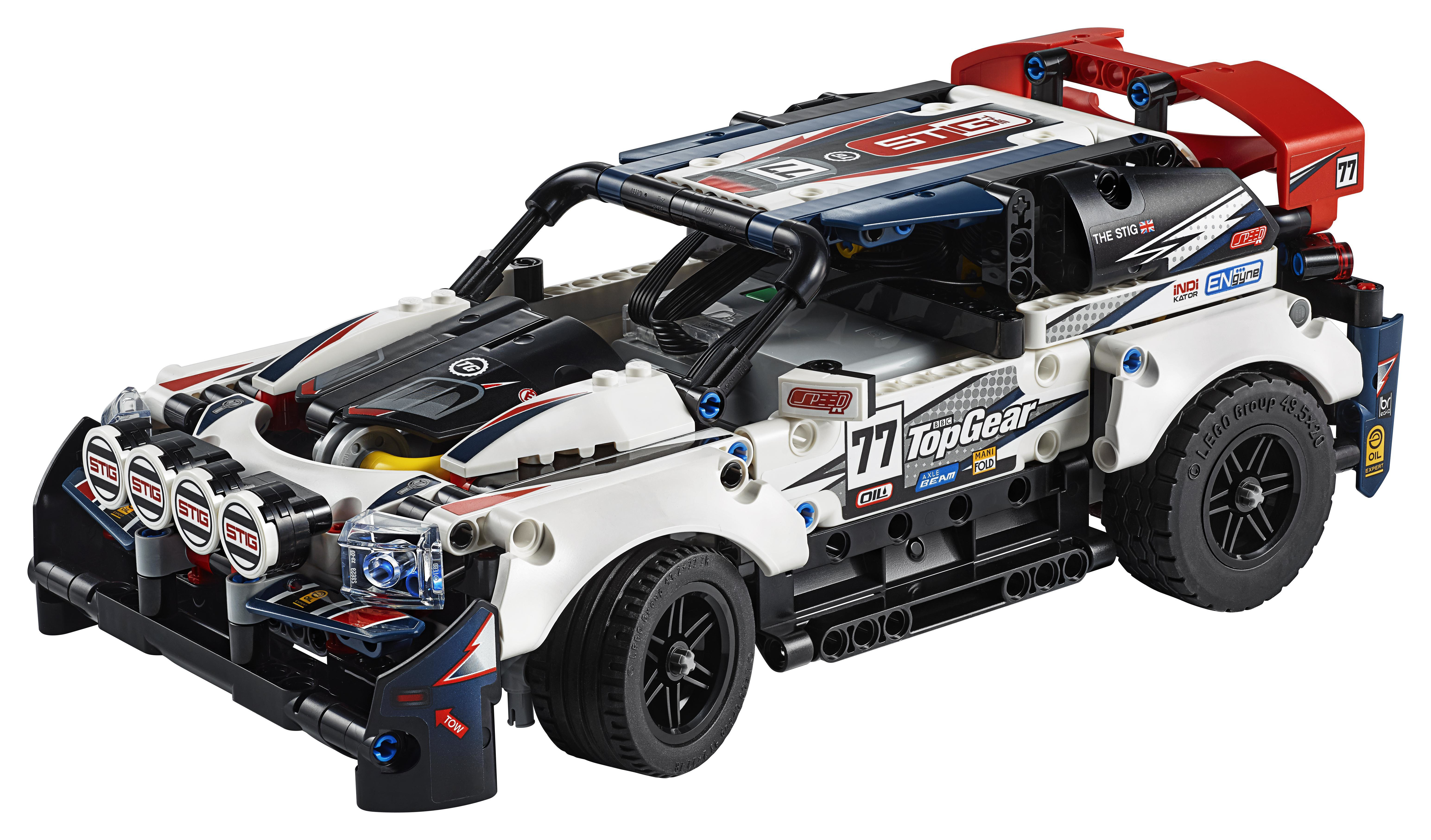 Een Lego Technic raceauto model, wit met zwarte en rode accenten.