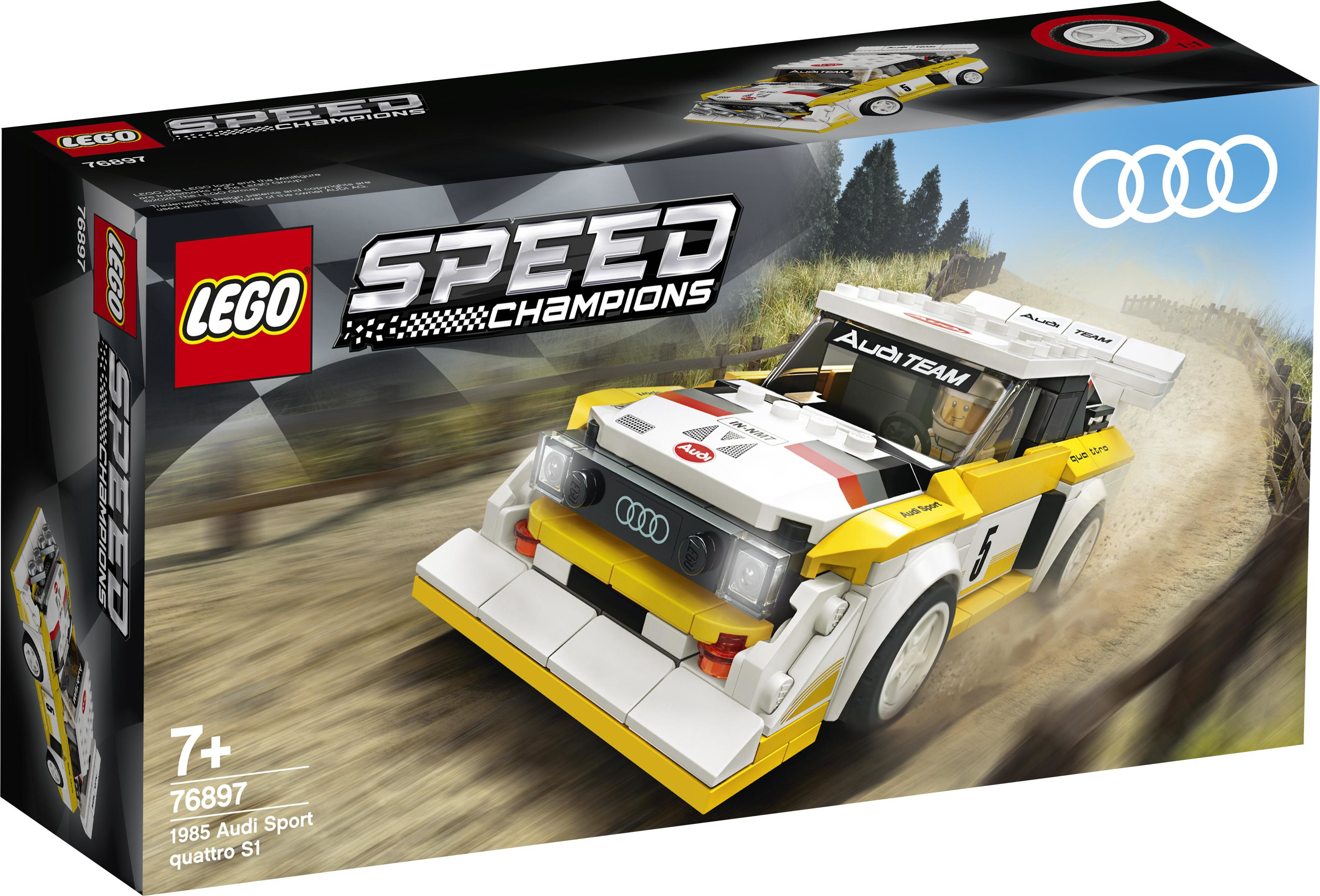 Lego Speed Champions Box-Set eines gelben, weißen und schwarzen Audi-Rennwagens.