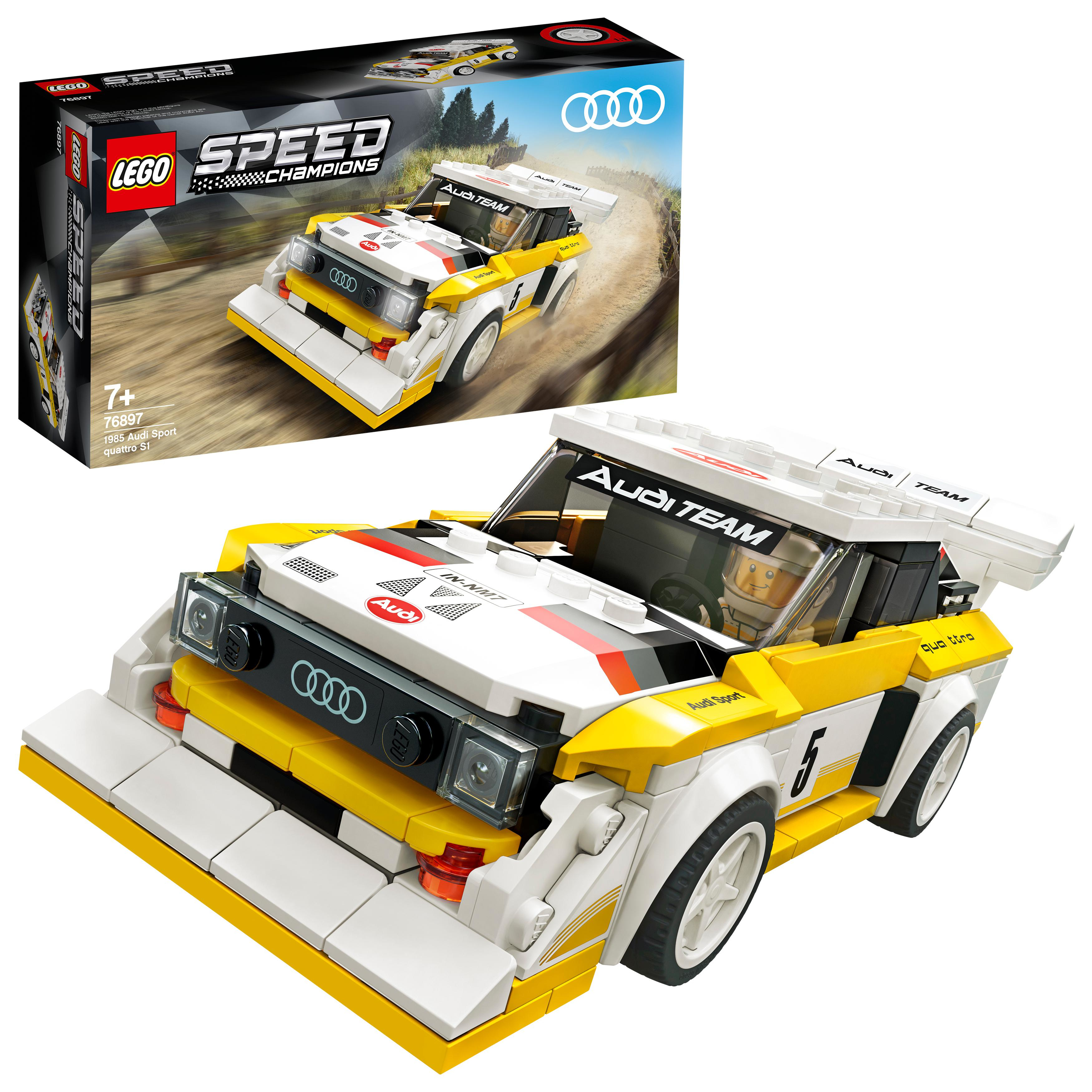 Lego Audi Rennwagen-Set. Es ist weiß und gelb, mit einer schwarzen Box im Hintergrund. Das Auto hat das Audi-Logo.