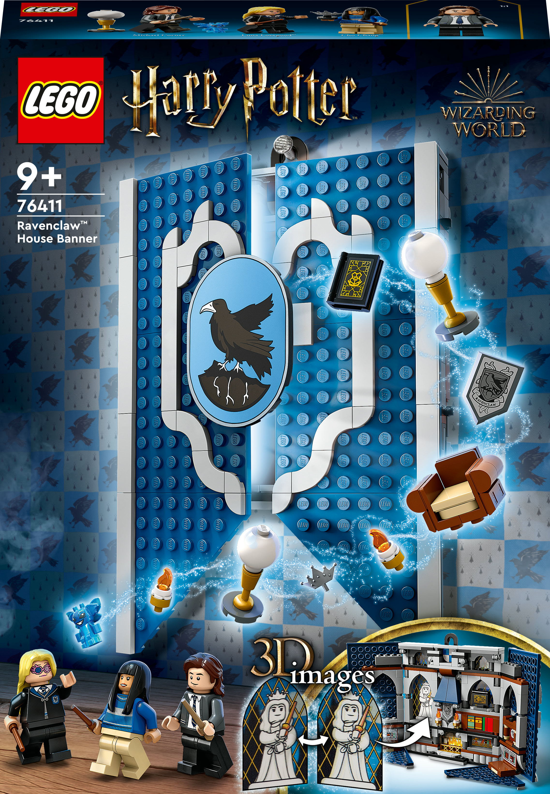 Lego Harry Potter Ravenclaw Haus Banner Box. Lego Figuren von Charakteren sind vorne.