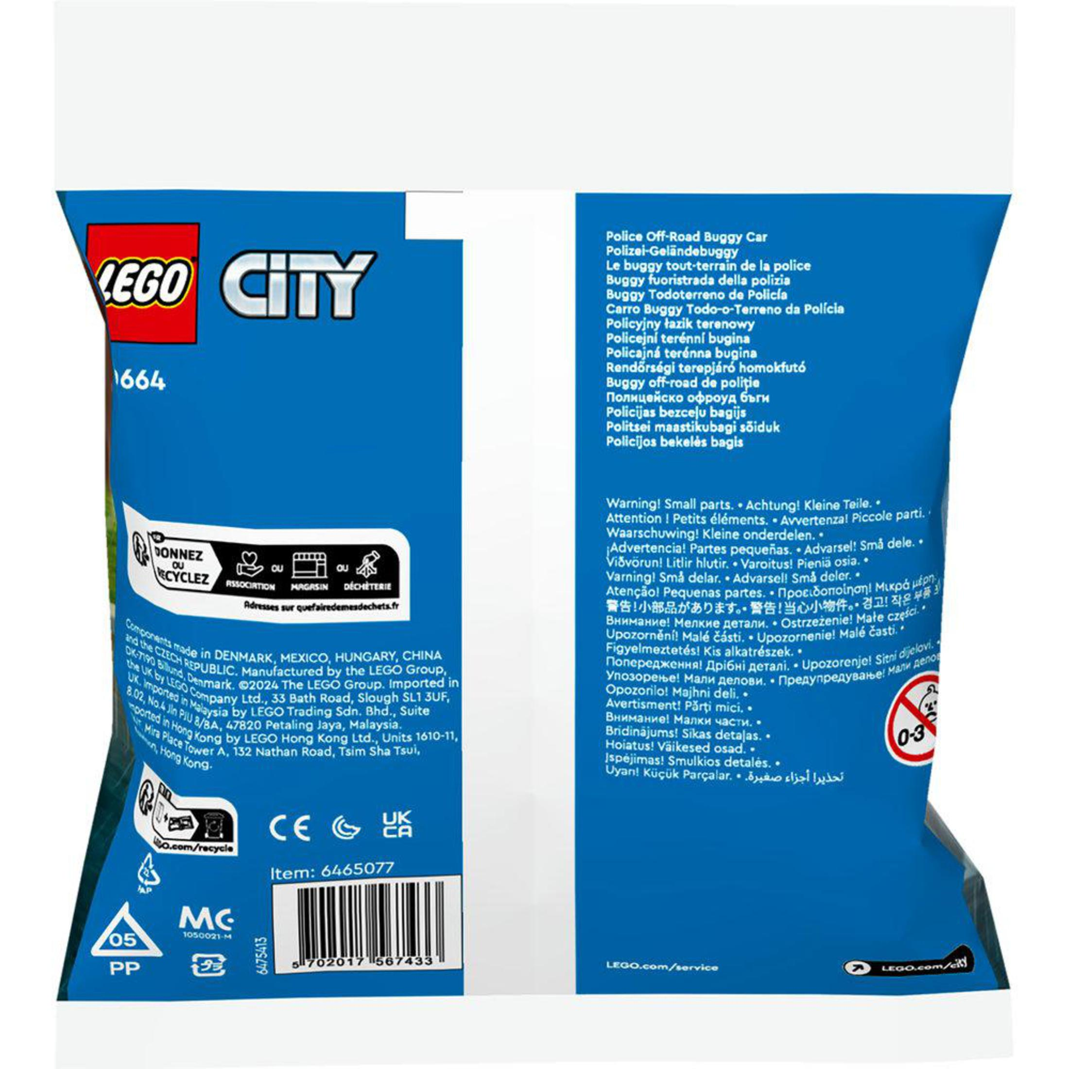 Çok dilde metin, oyuncak araba resmi ve uyarı etiketi içeren bir Lego City oyuncak çantası.