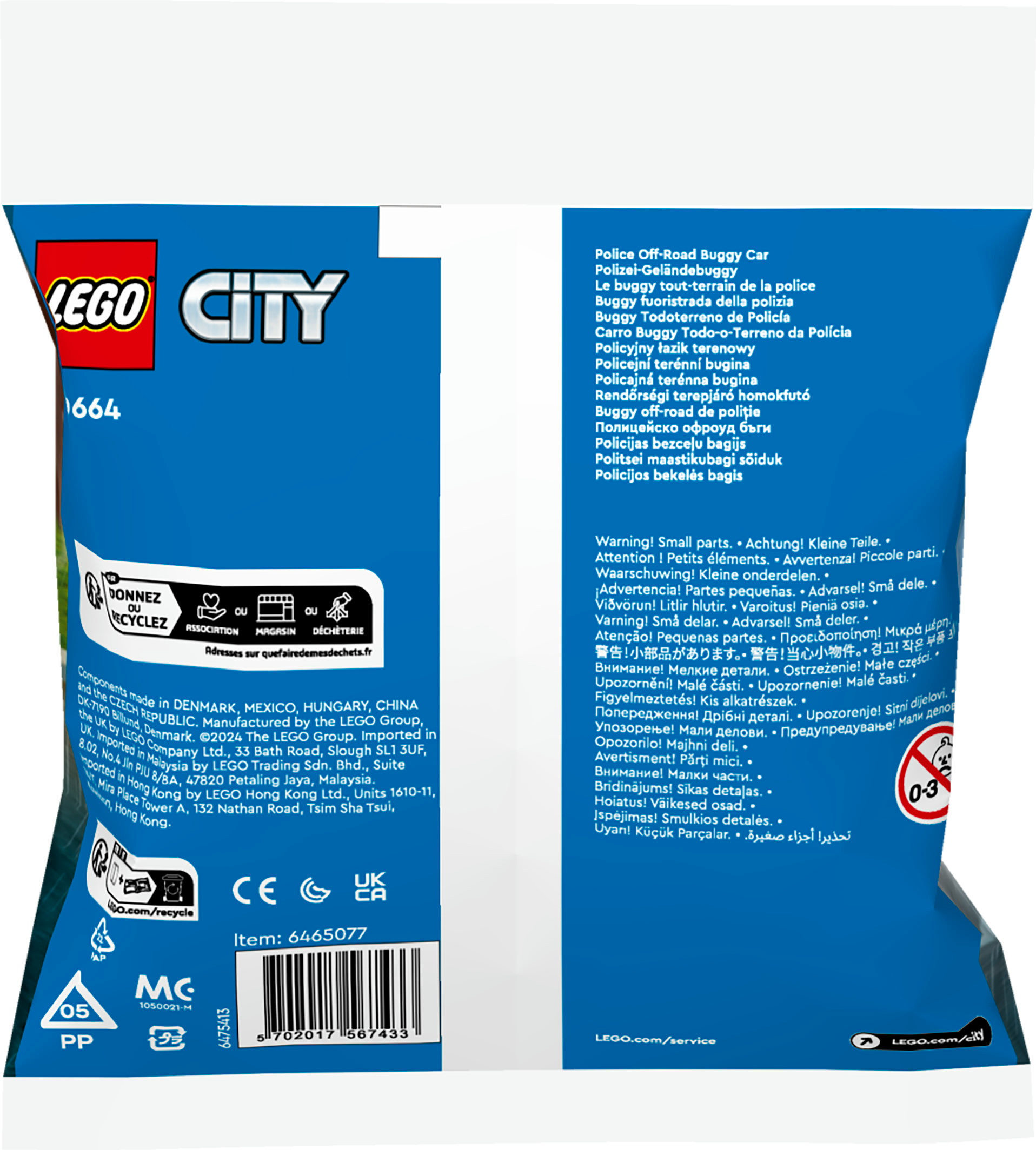 Dillerin bir listesiyle Lego City Polis Off-Road Buggy paketi.
