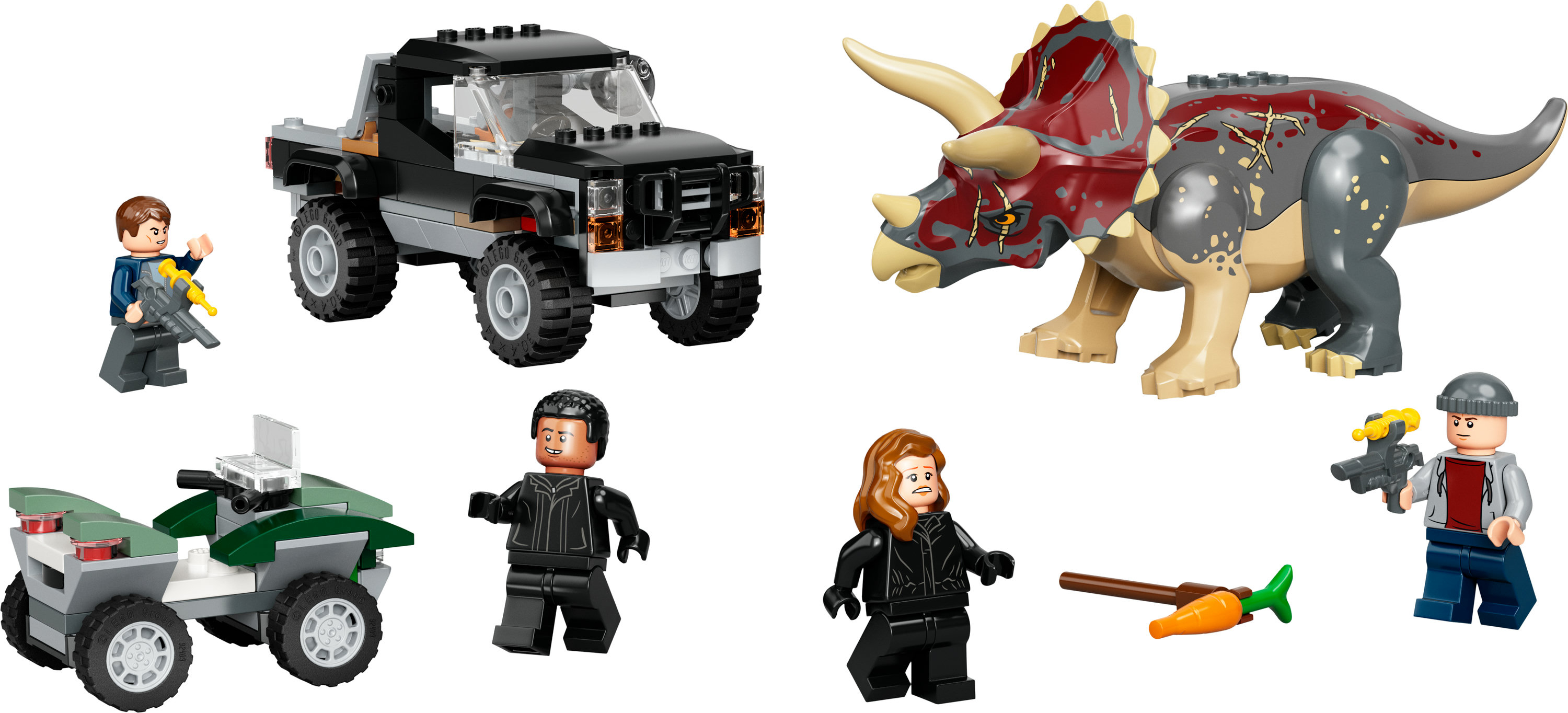 Set Lego con camion, dinosauro, figure e quad. Le figure impugnano armi.