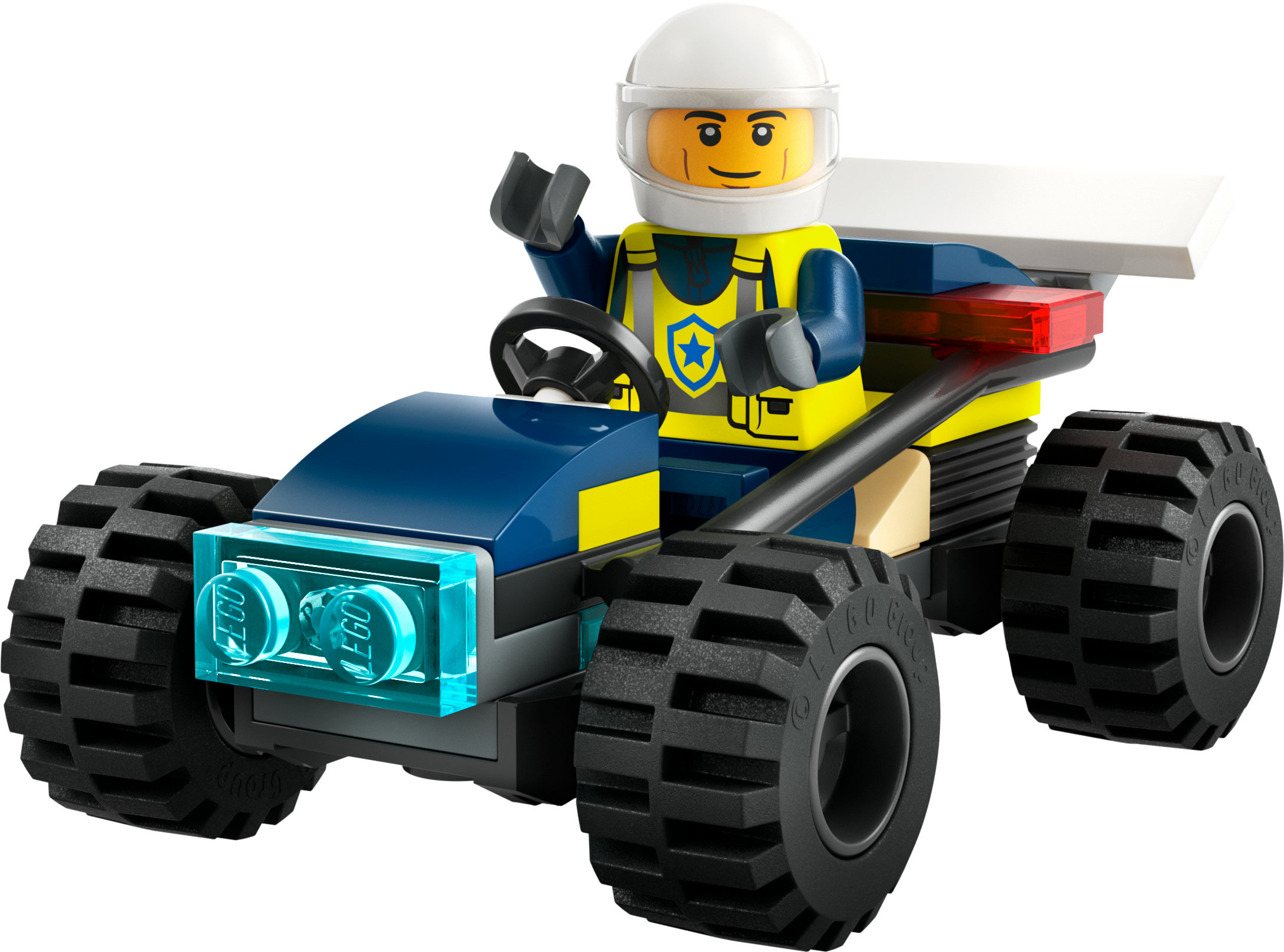 Bir Lego polis arabası ve bir minifigür. Araba mavi ve sarı renktedir. Minifigür bir polis üniforması giyiyor.
