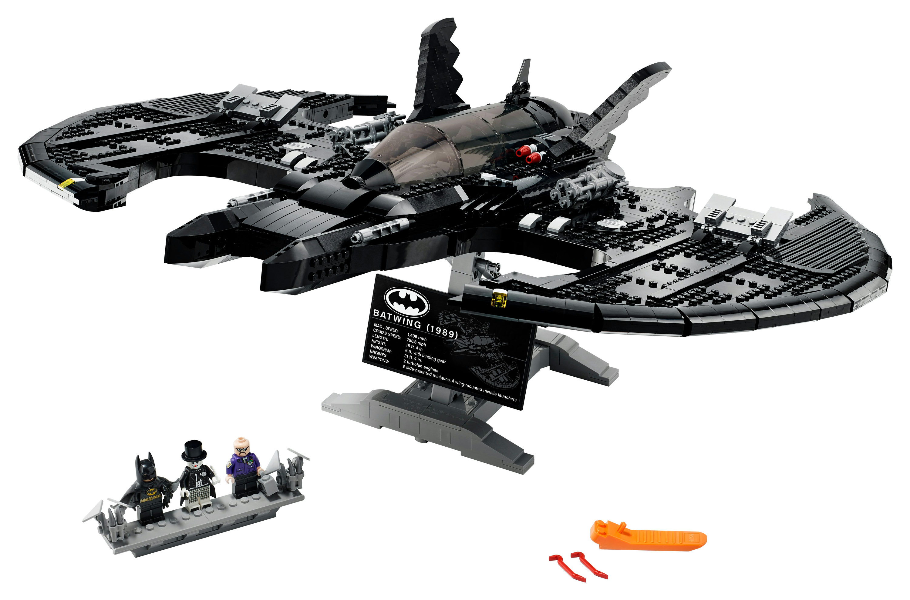 Zestaw Lego Batwing z Batmanem, figurkami Pingwina i podstawką.
