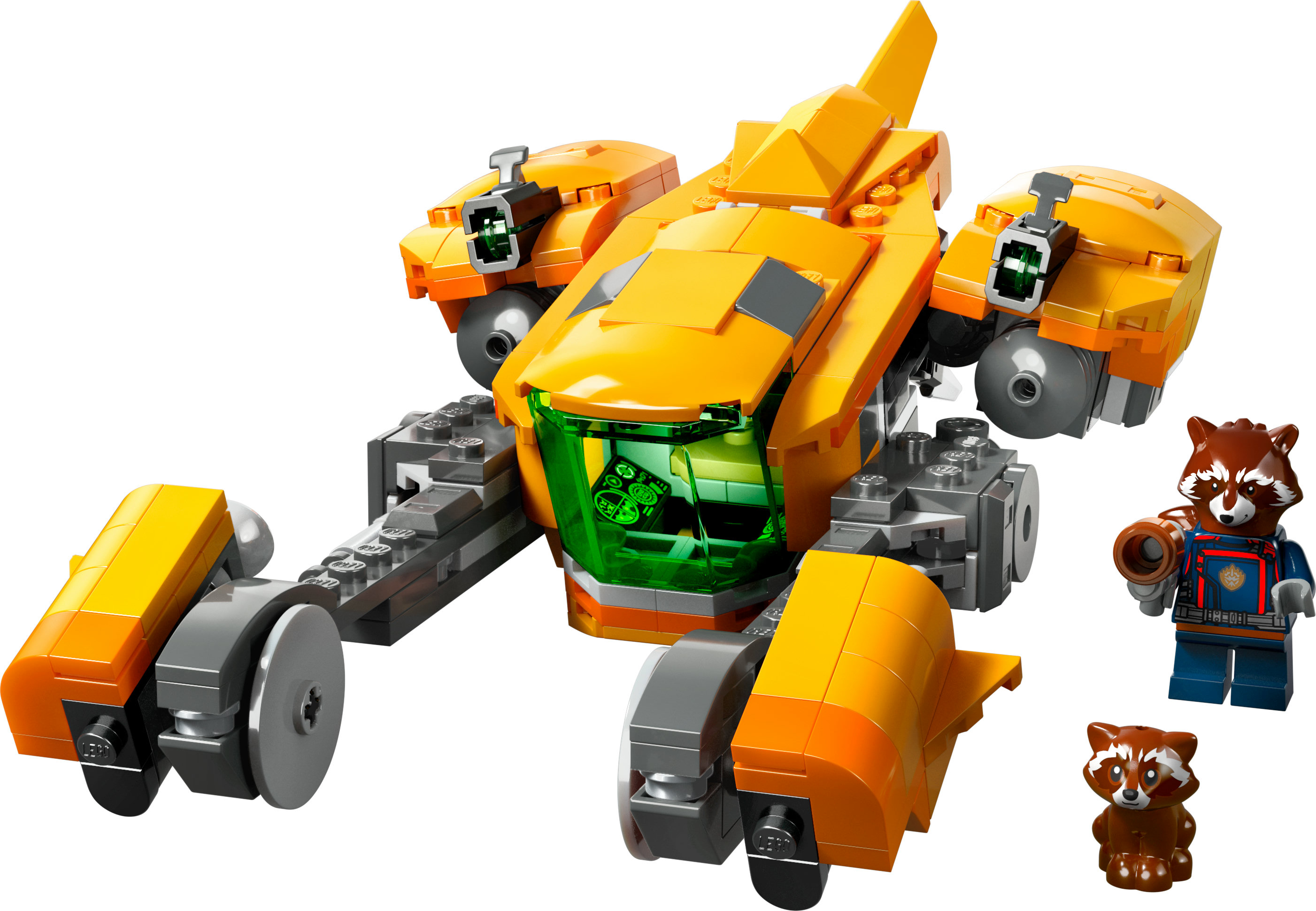 Lego set: oranje ruimteschip met groene cockpit. Raket en twee kleine wasberen inbegrepen.