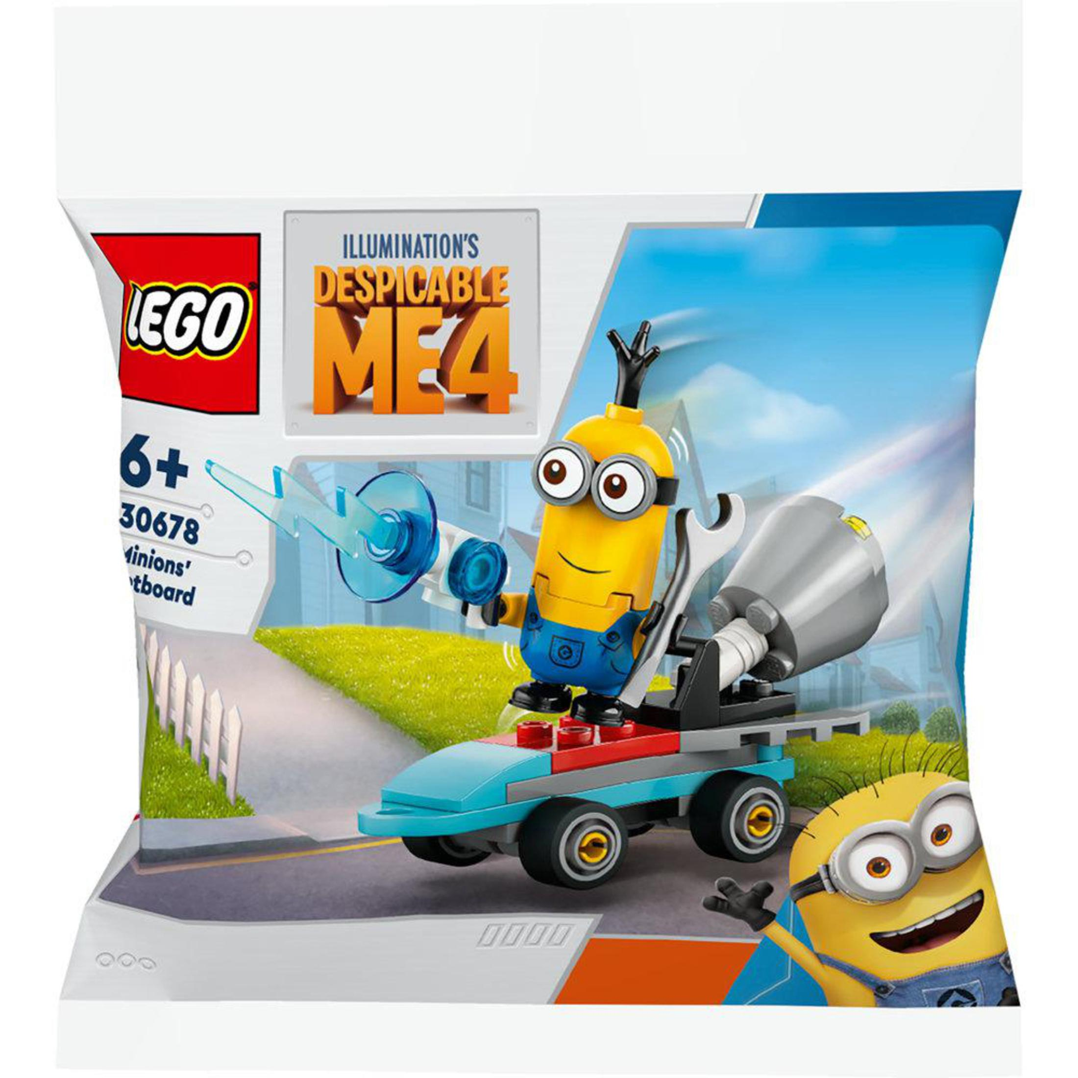 Beyaz zemin üzerinde büyük bir silah taşıyan bir araç üzerinde bir Minion içeren bir Lego Minions seti.