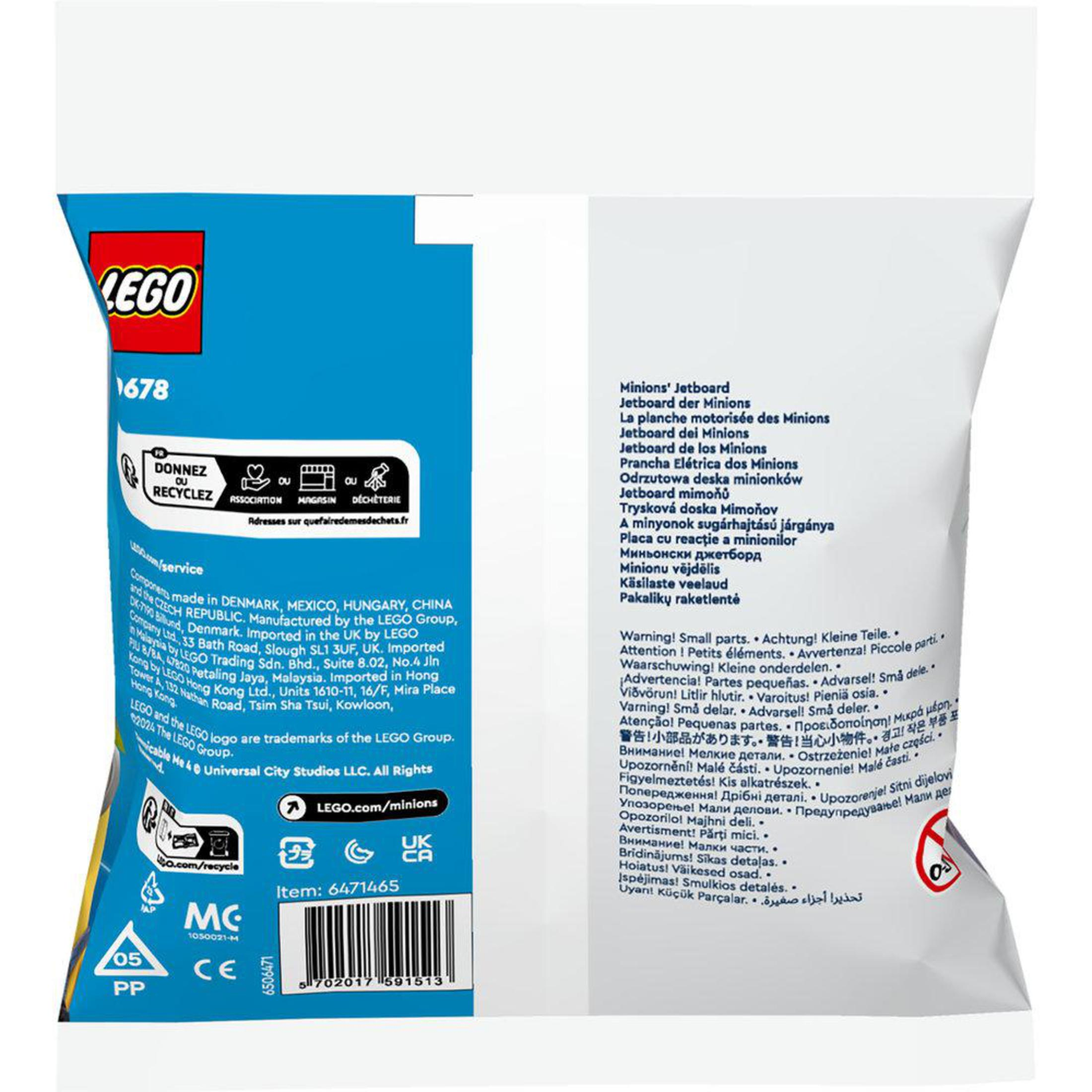 Küçük parçalar ve boğulma tehlikesi hakkında metin ve talimatlar içeren bir Lego çantası.