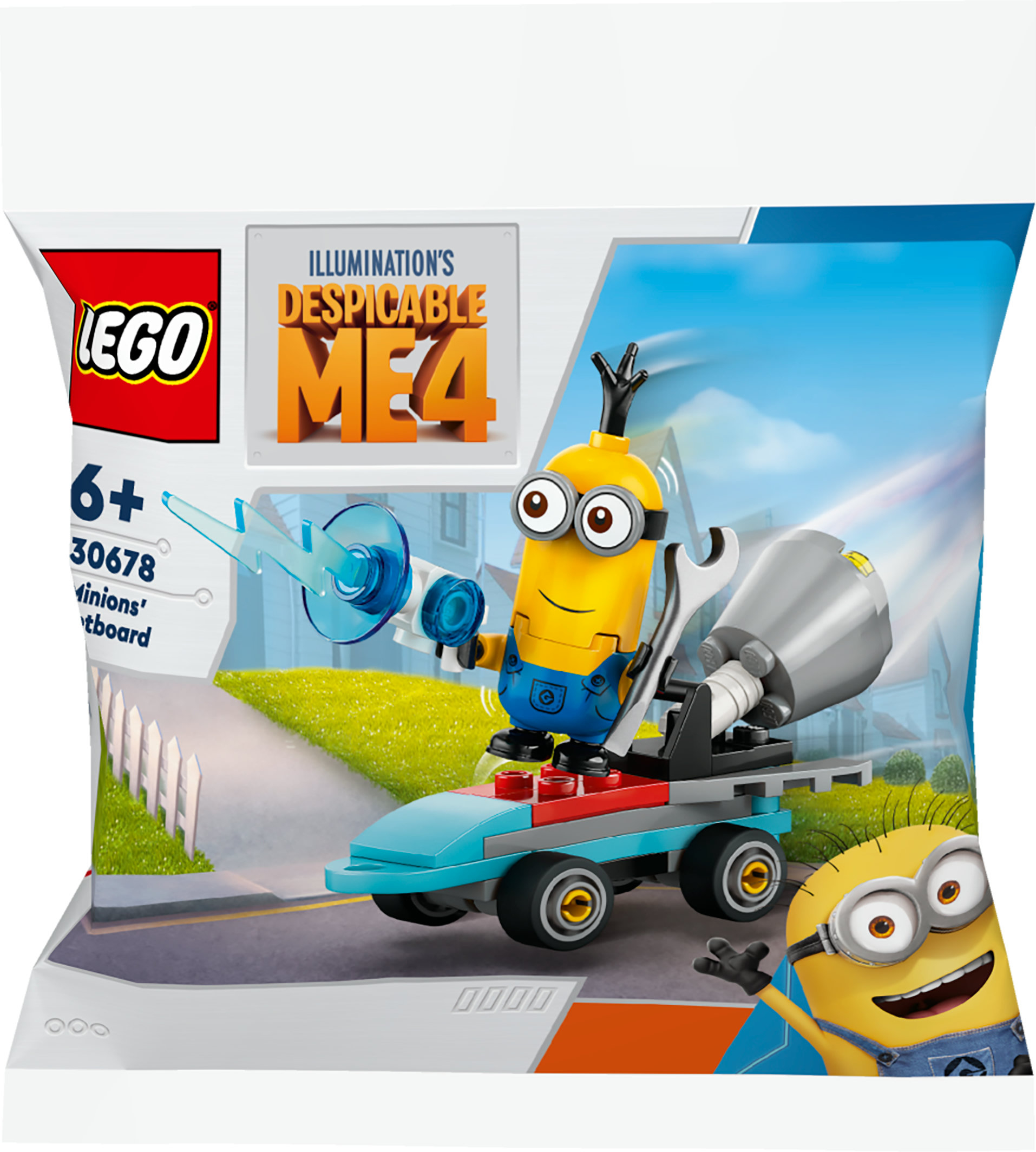 Poşette Lego Despicable Me 4 seti. Bir Minion, bir anahtarla bir araç sürüyor.
