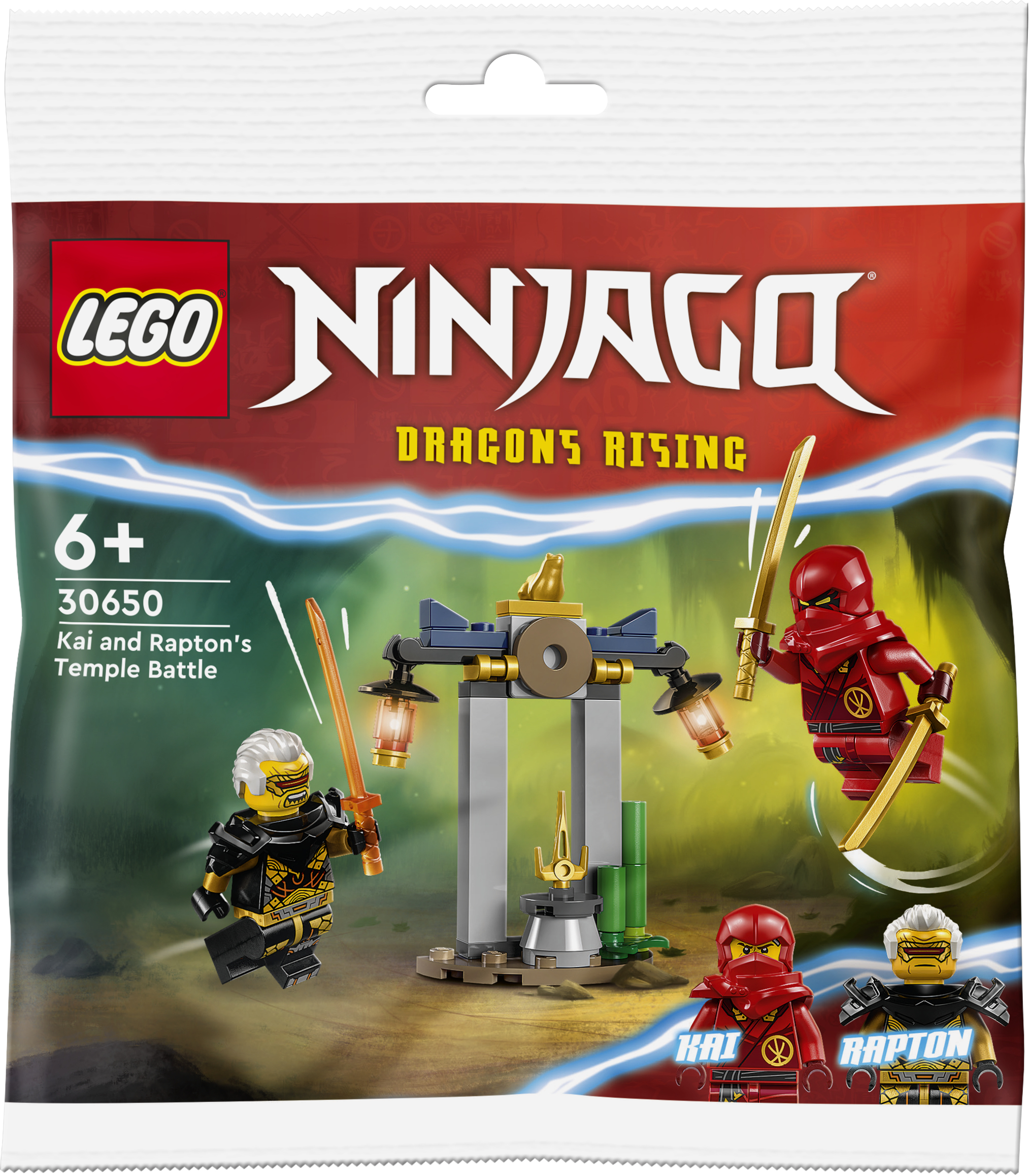 Lego Ninjago Dragons Rising Set mit Kai- und Rapton-Figuren, Tempel-Kampfszene.