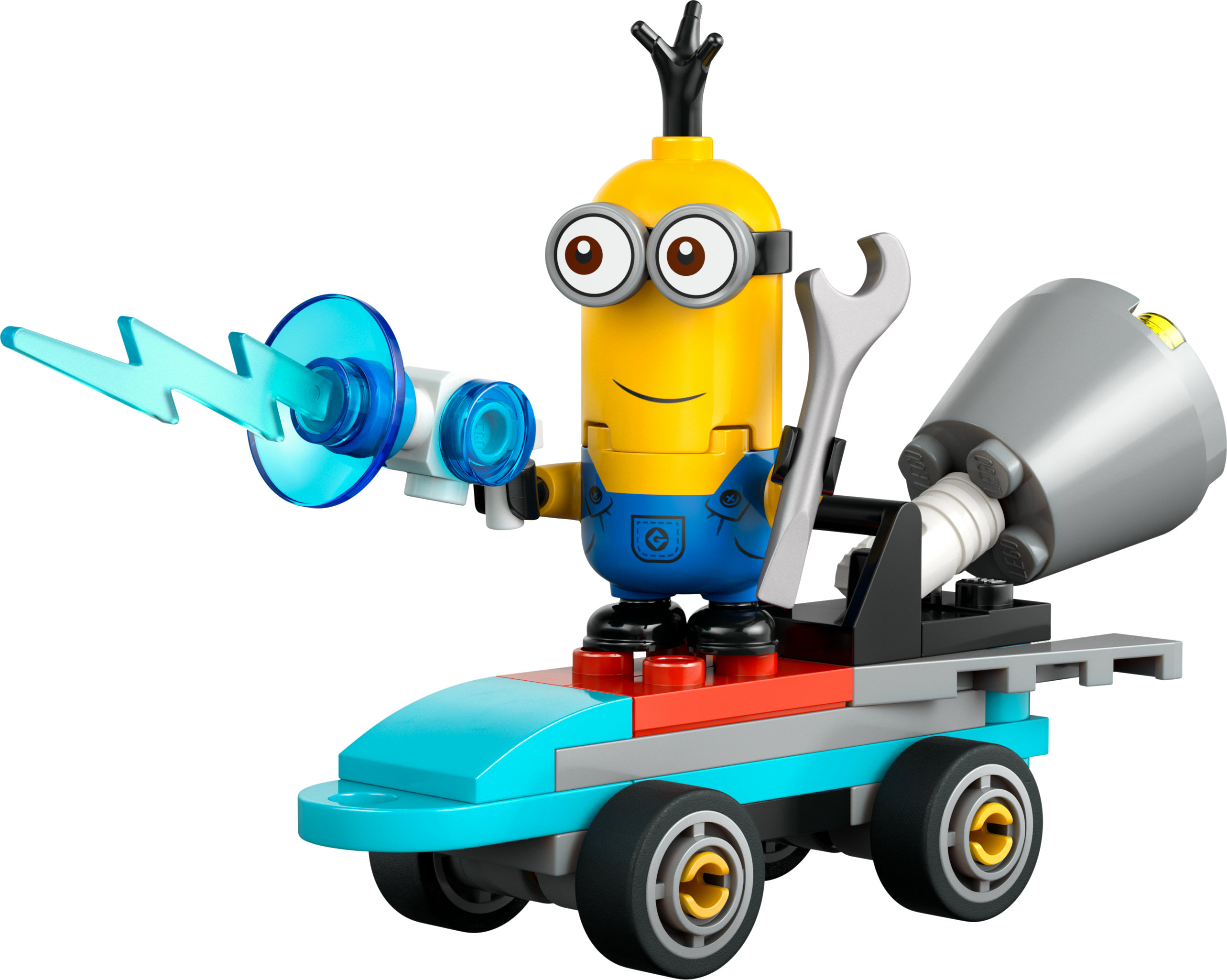Işıklı ve anahtarlı bir araç üzerinde LEGO Minion. Mavi, gri ve kırmızı renkler.