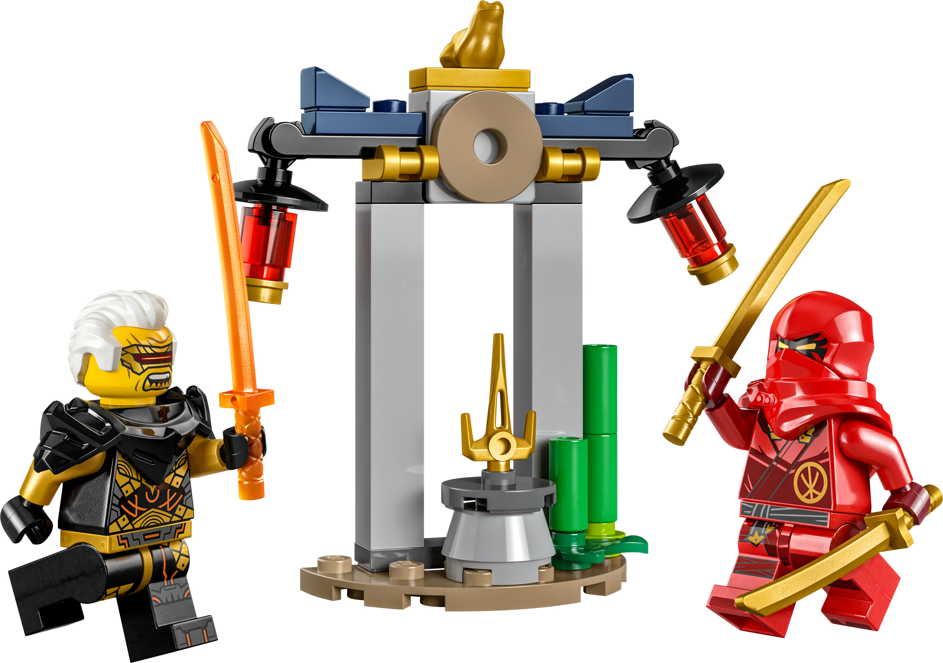 Lego Ninjago Set mit zwei Ninja-Minifiguren, einem Tempel und goldenen Schwertern.