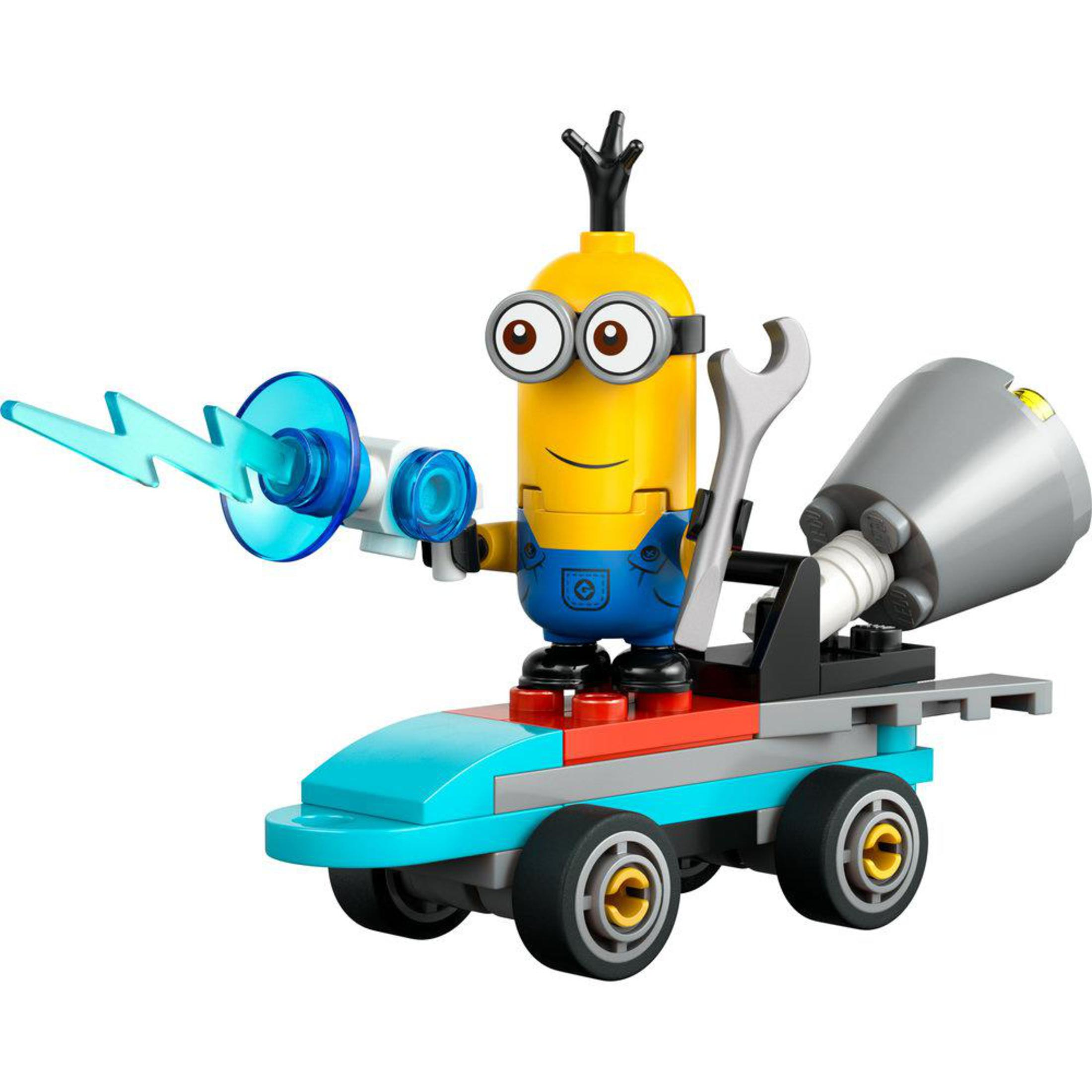 Aletler ve bir silahla bir araca binen bir Minion figürü içeren bir LEGO Minions seti.