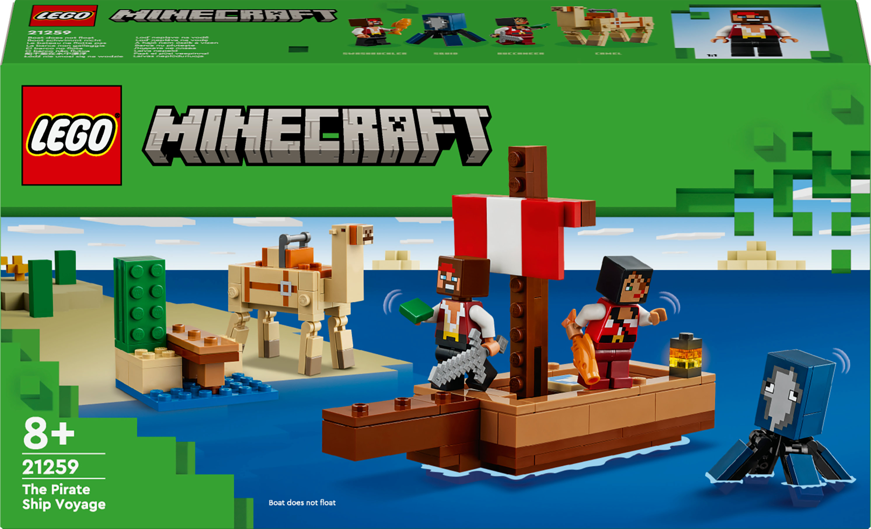 LEGO Minecraft-setbox met boot op water, kameel, twee figuren en een inktvis. Groene achtergrond.