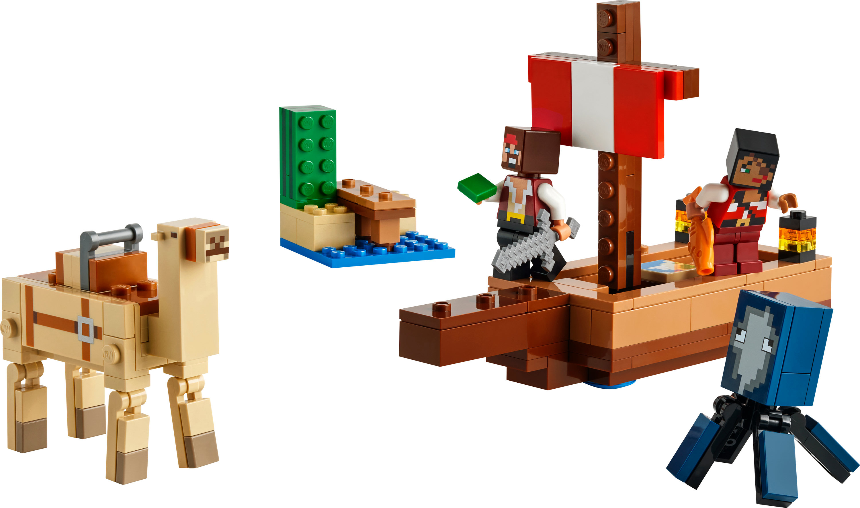 Minecraft Lego-set. Bevat een kameel, een boot met karakters en een kleine eilandscène.