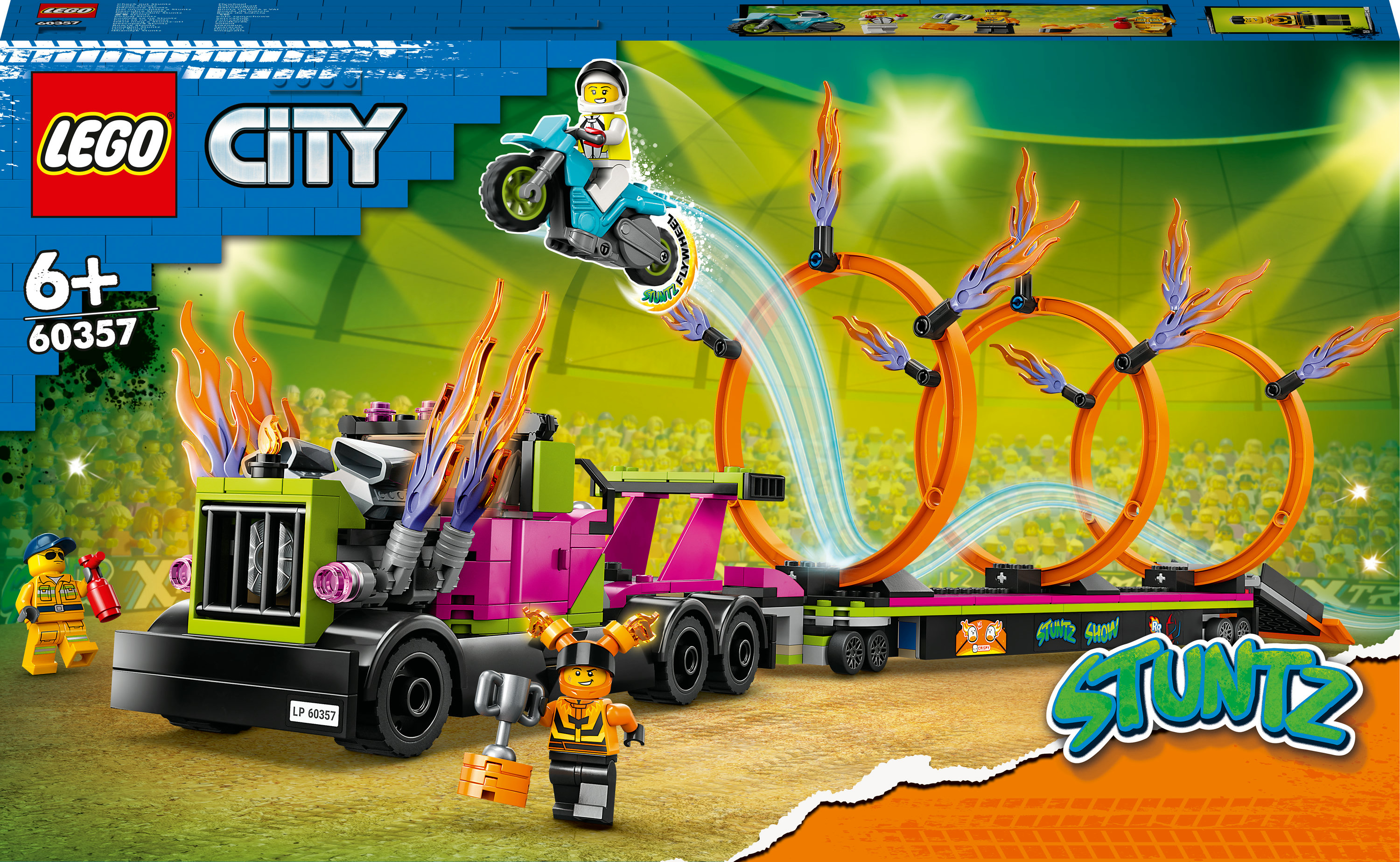 Set LEGO City Stuntz. Una moto salta attraverso cerchi di fuoco da un camion. Include minifigure.