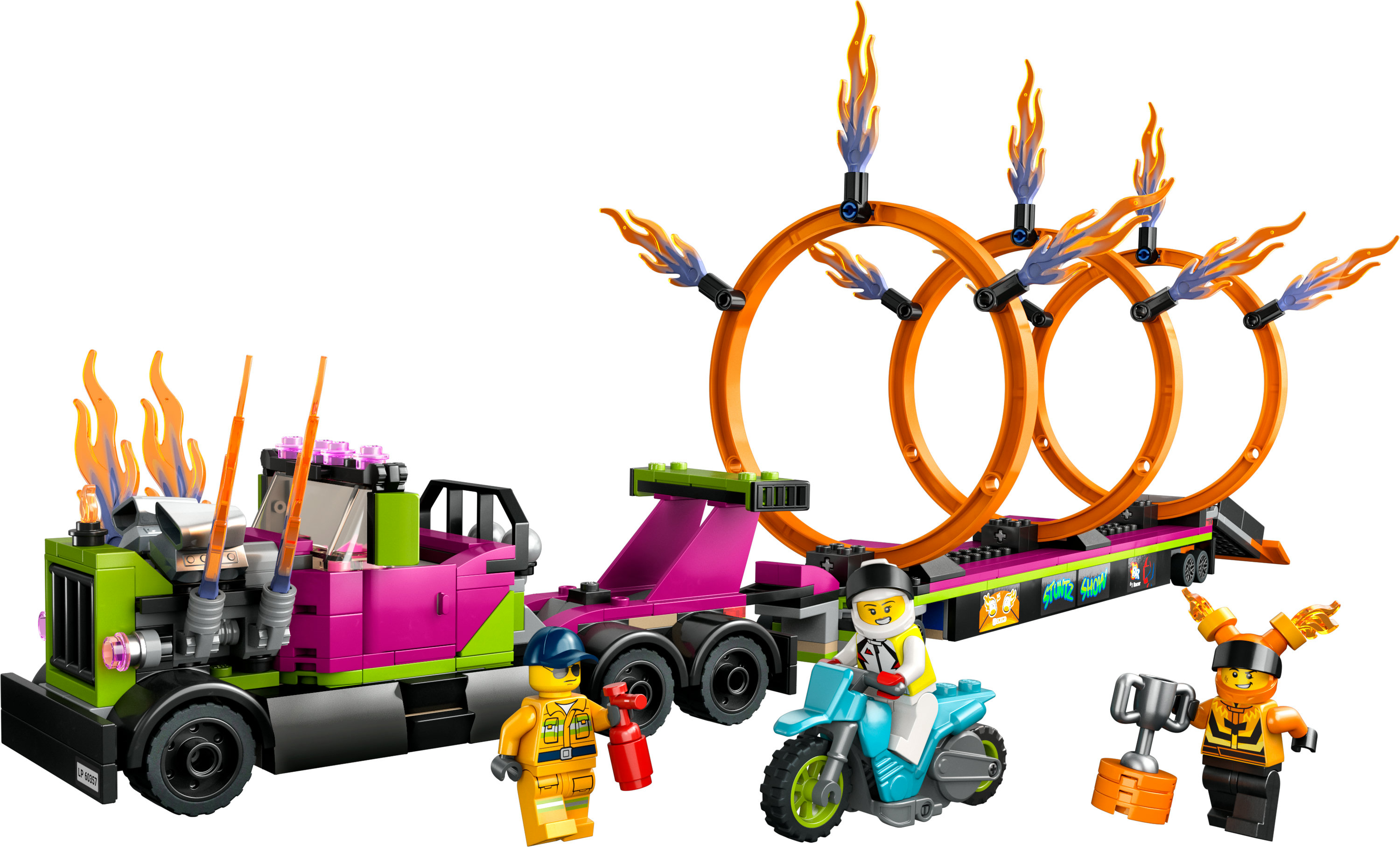 Set LEGO City spettacolo acrobatico: camion, rimorchio con anelli, minifigure e moto.