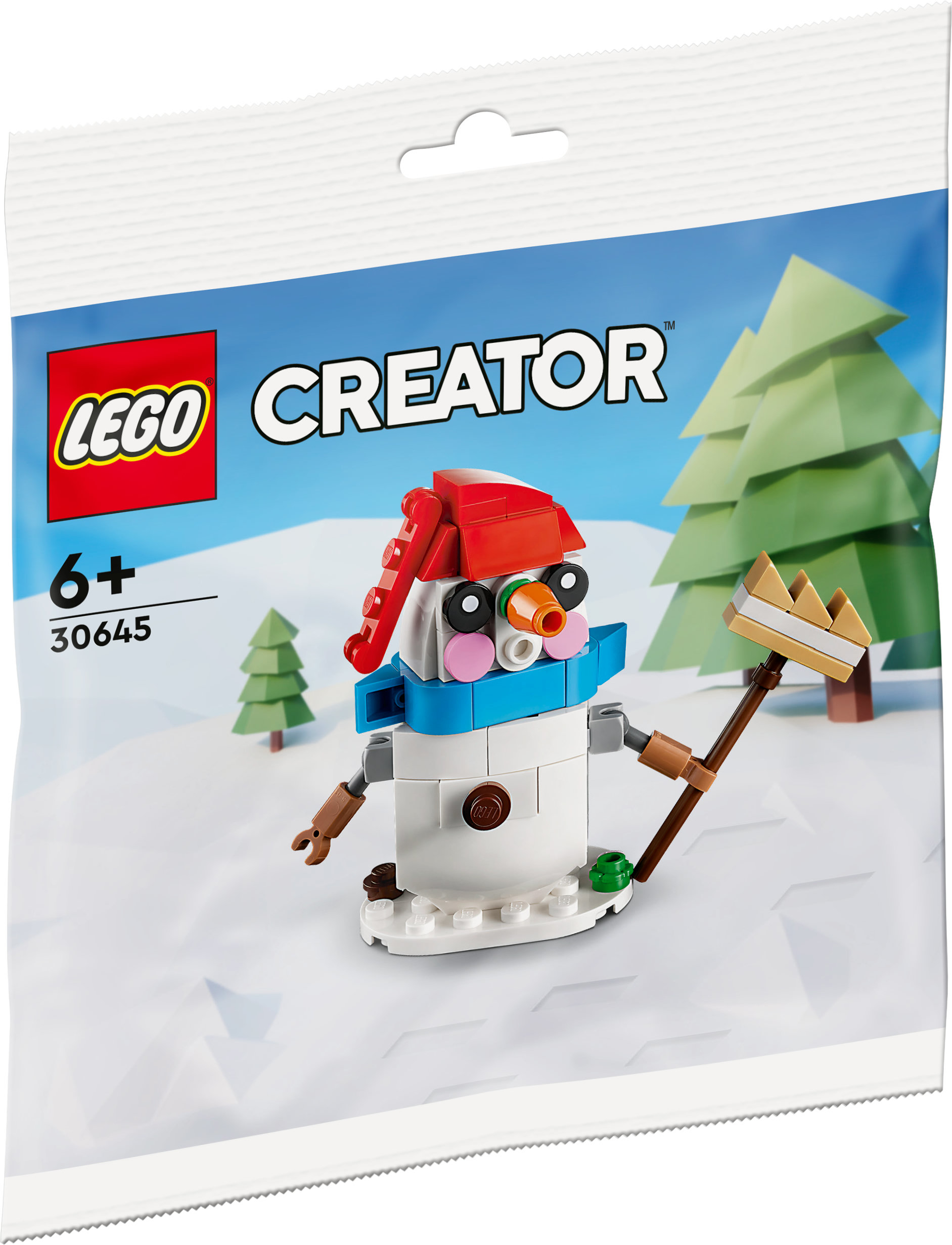 Bir torbada bir Lego kardan adam oyuncağı. Kırmızı bir şapkası ve kahverengi bir süpürgesi var.